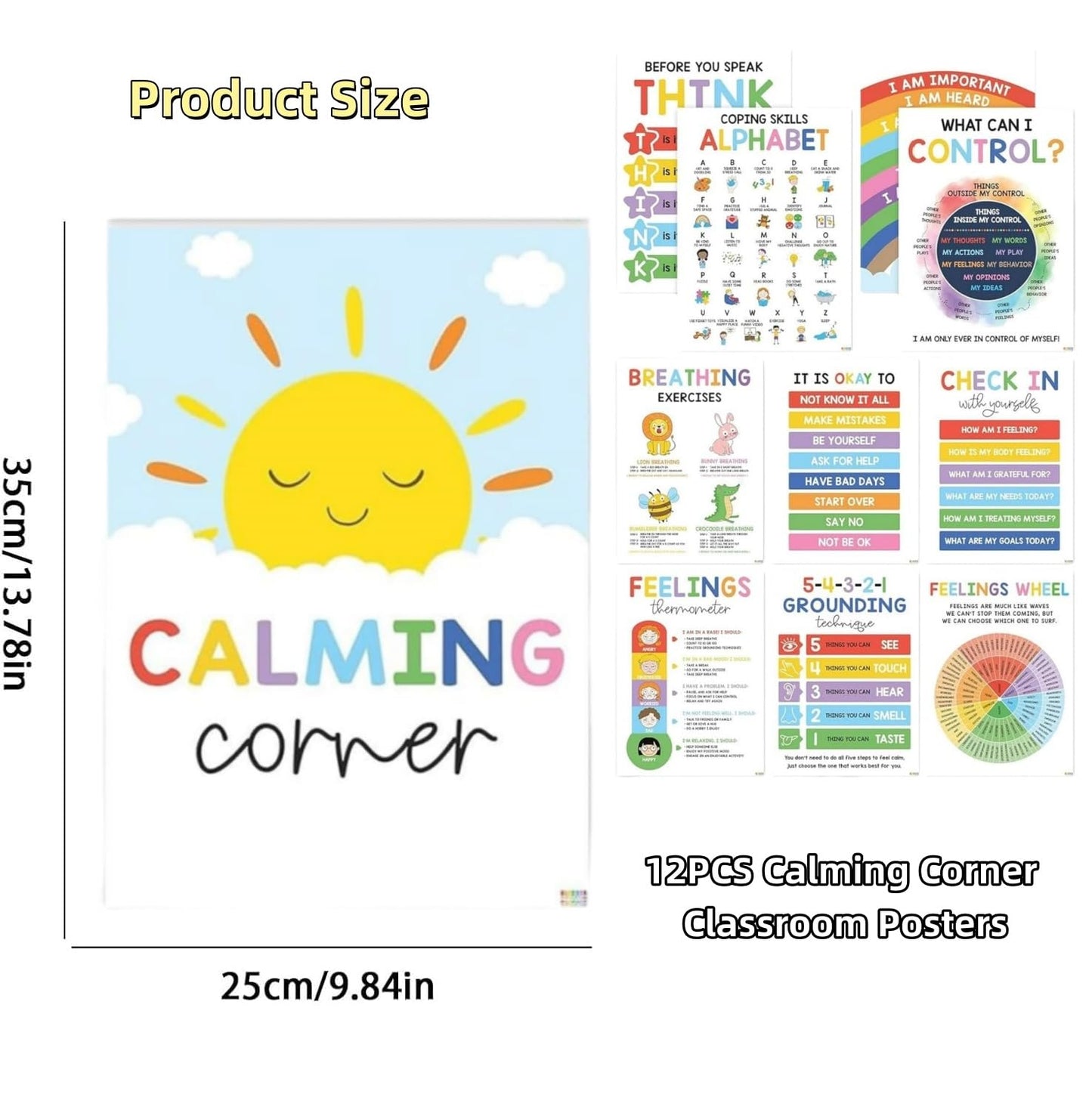 Ryfpdml 12PCS Calming Corner Classroom Posters, Feelings Wheel Chart Emotions Poster For Kids, Calm Down Corner Supplies for Preschool Home School Office Outdoor Indoor (A)