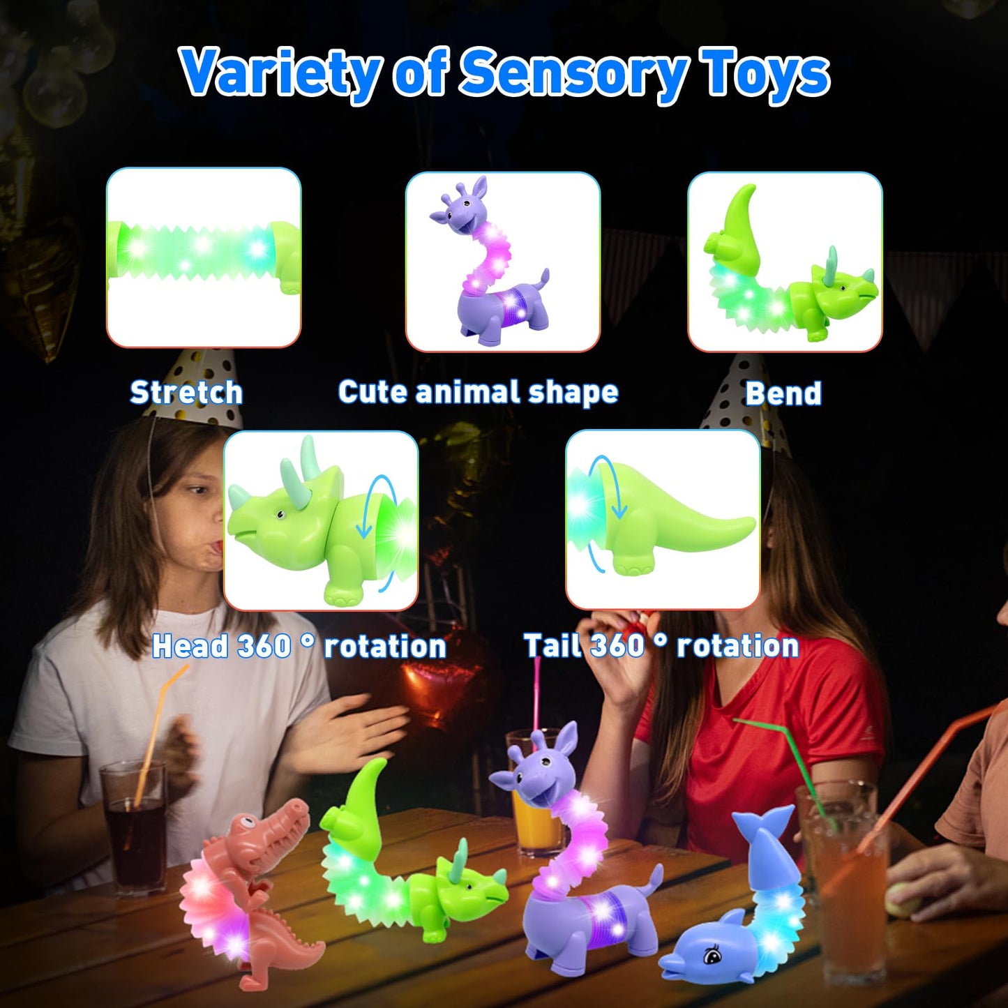 DELEE Pop Tubes Animal Toy,Sensory Tubes for Autism with LED Light,4Packs Glow Animal Stress Relief Toys for Kids,Party Supplies for Christmas Halloween Birthday