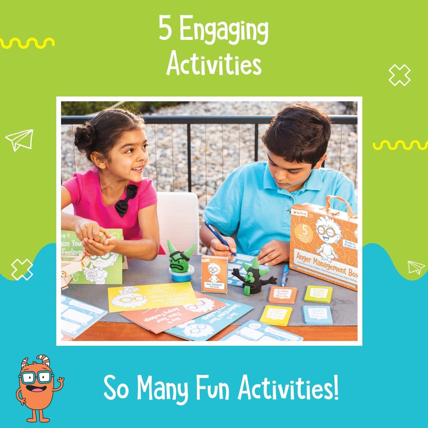 Colourful Anger Management Box for Kids - Educational Toys with Flashcards, DIY Wooden Catapult, Air Dry Putty, Origami Paper, Bad Mood Buster Notepad - Anger Management Toys for Ages 4+