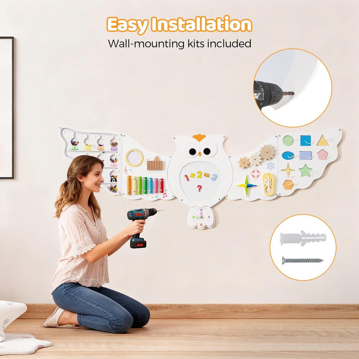 COSTWAY Activity Wall Busy Board Panels, 11 in 1 Wooden Sensory Wall Toy, Toddler Learning Activity Center for Education & Early Development (White Owl)