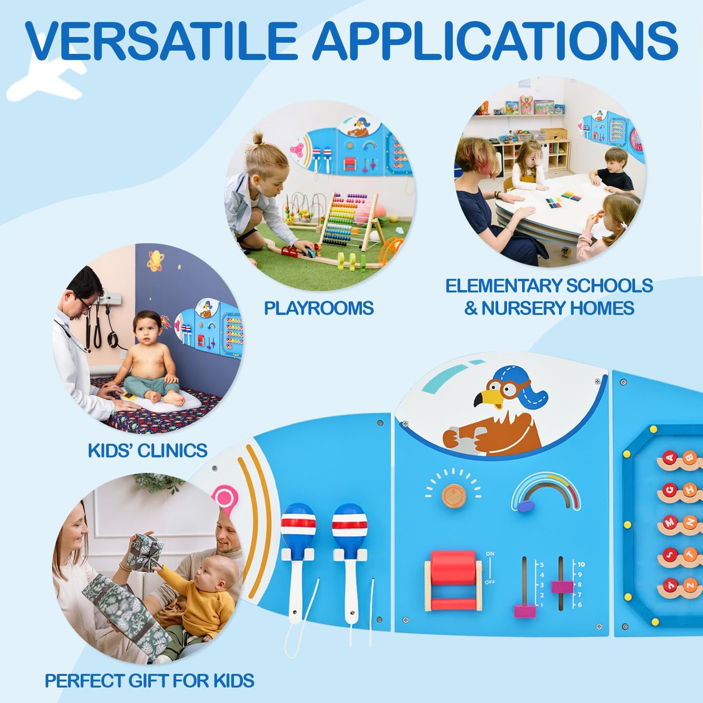 Monläurd® Wooden Airplane Activity Wall Panel for kids, Sensory Wall Toy, Activity Cube, Wall Toys for Toddlers 1-3, Daycare Furniture, Montessori Busy Board