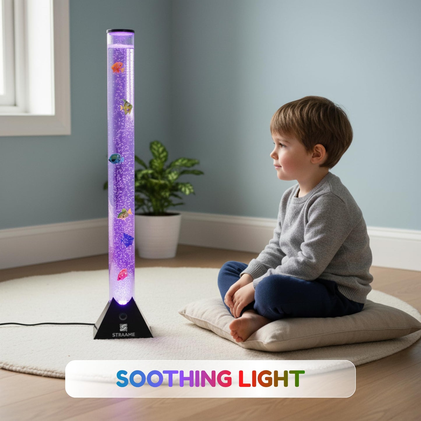 Straame 90cm Bubble Fish Lamp, Colour Changing LED Light, Sensory Room Decor & Mood Lamp, Includes Artificial Tropical Fish, Adjustable Bubble Tube, Plug-in Power, Black Base