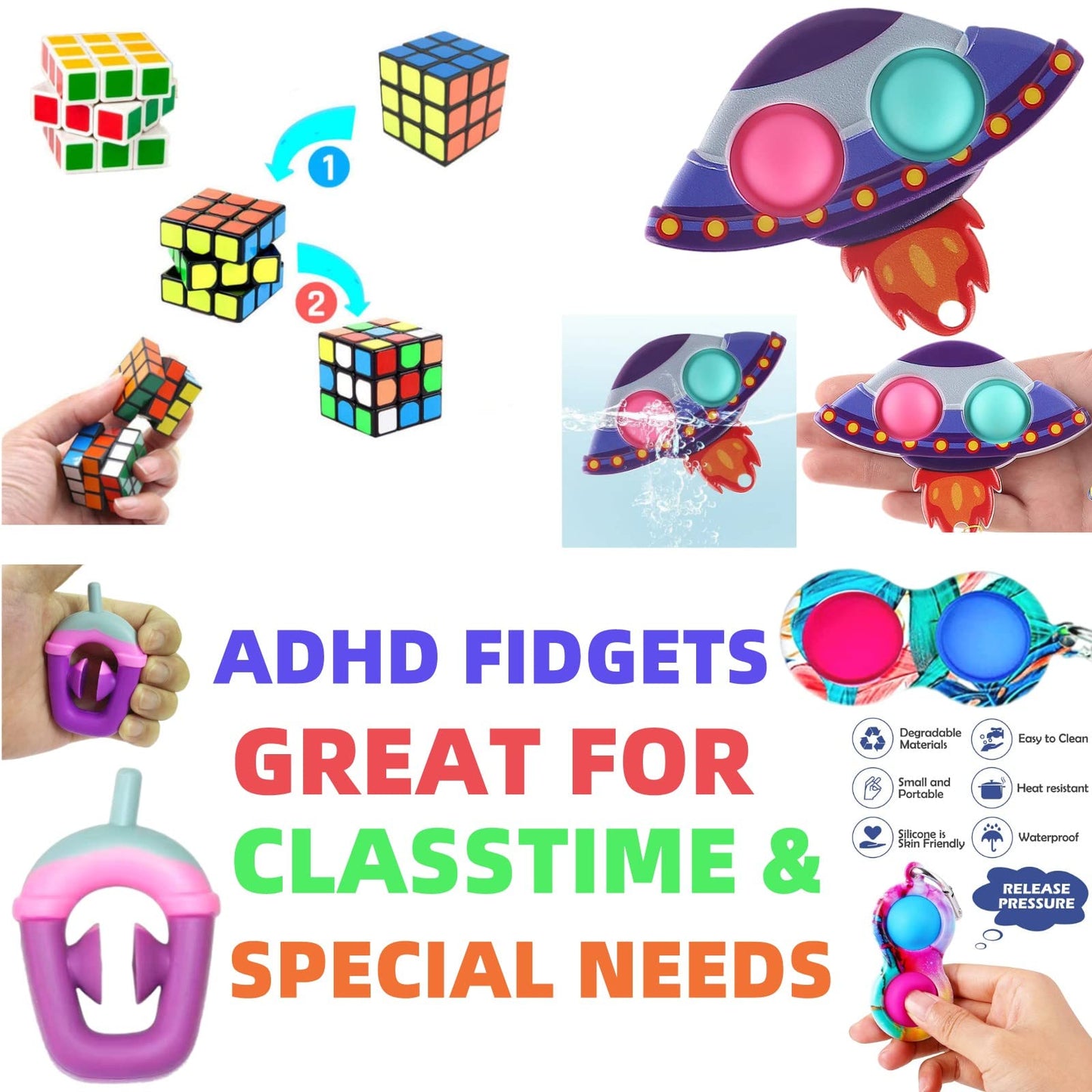 Paochocky Fidget Toy Set, 26PCS With Box Fidget Pack, Sensory Anxiety Relief Stress Toys for Autism, Fidget Toy in Rainbow, Fries Burger Relaxing Entertainment Birthday Gift for Kids Adults