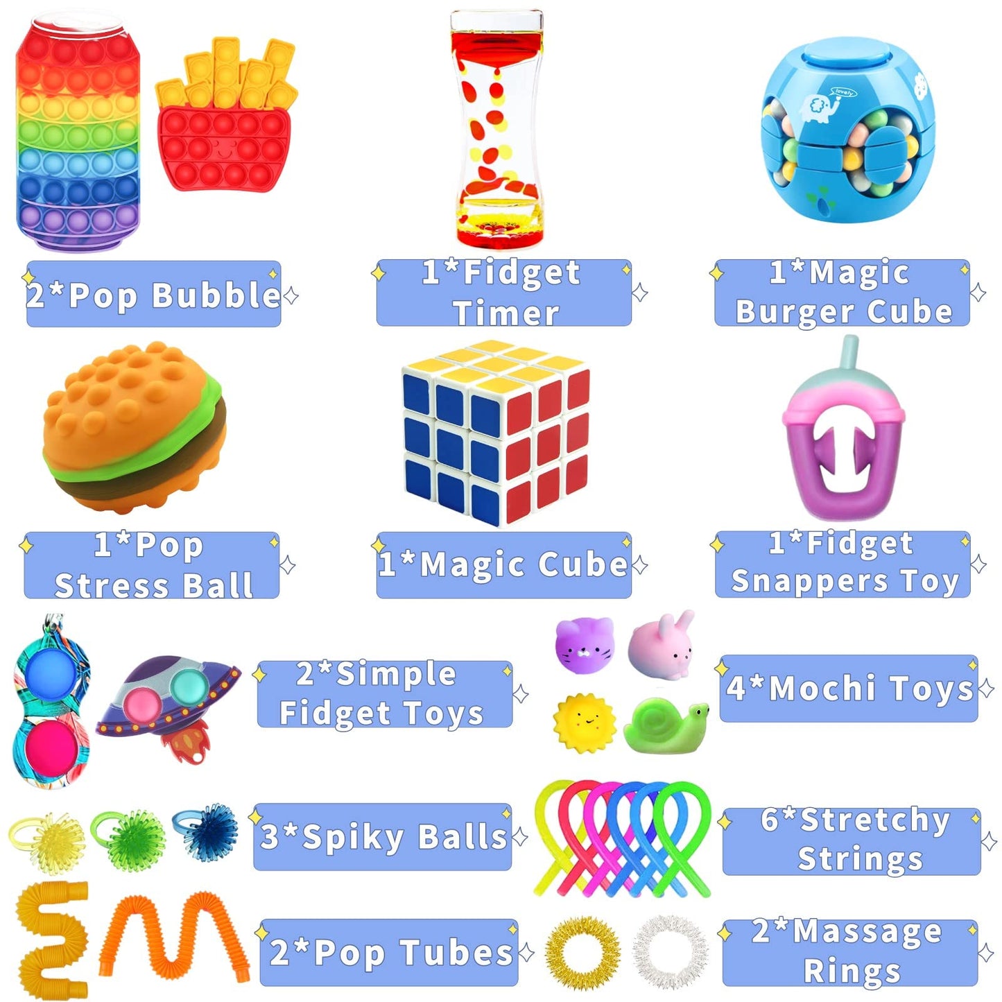Paochocky Fidget Toy Set, 26PCS With Box Fidget Pack, Sensory Anxiety Relief Stress Toys for Autism, Fidget Toy in Rainbow, Fries Burger Relaxing Entertainment Birthday Gift for Kids Adults