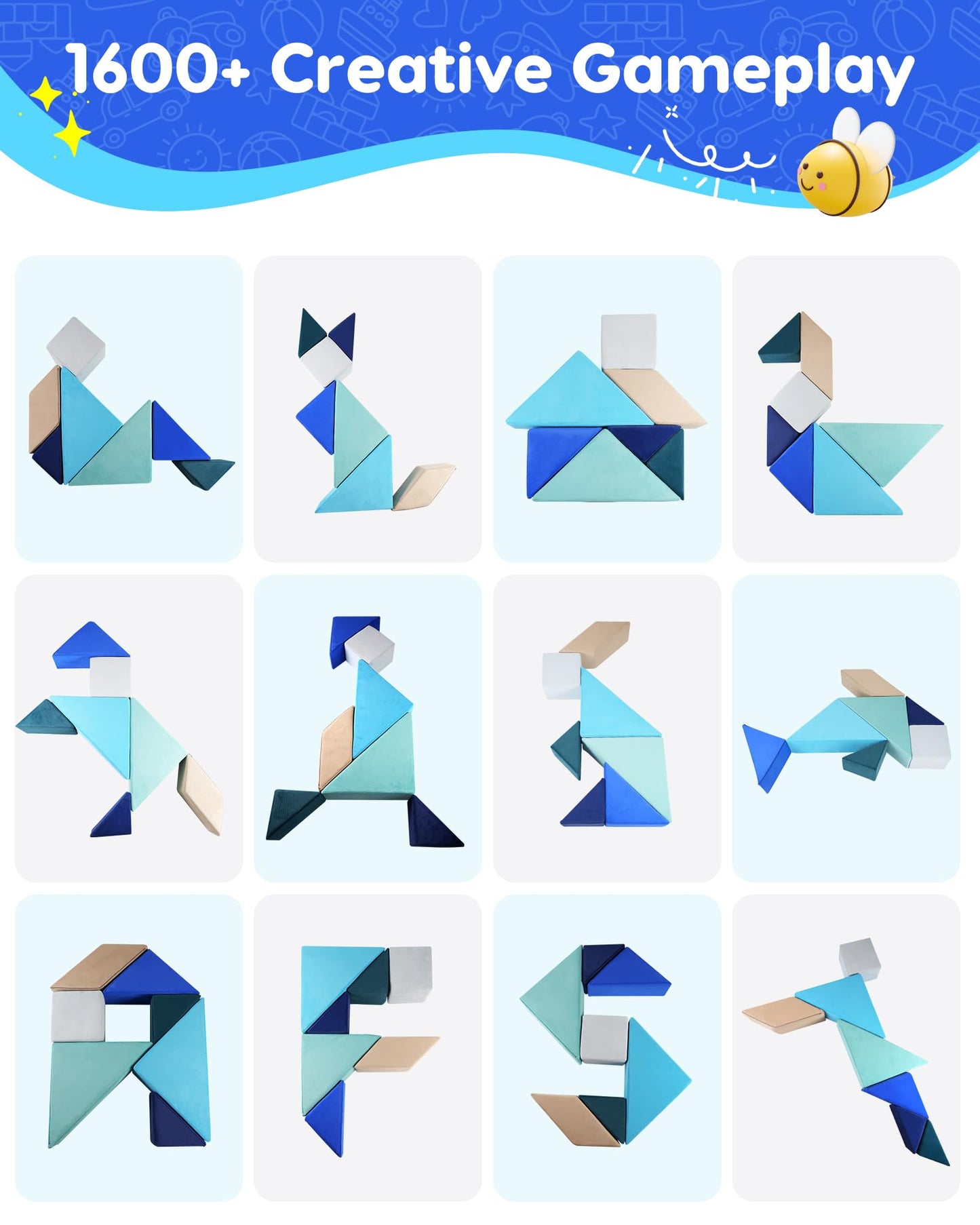 Heypappy Kids Play Sofa, Tangram Square Puzzles Couch Furniture, Modular Kids Play Couchs Furniture, Puzzle Solving Couchs Building Fort for Playroom Bedroom Boys Girls Teens, Ocean