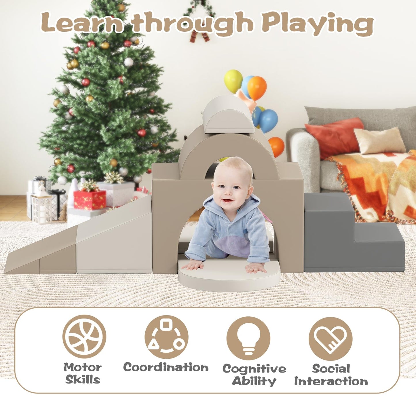 COSTWAY Kids Soft Play Set, 7-Piece Toddler Foam Climbing Blocks with Waterproof PU Leather, Indoor Baby Climb and Crawl Activity Playset for Sensory Motor Skills (Grey+Beige)