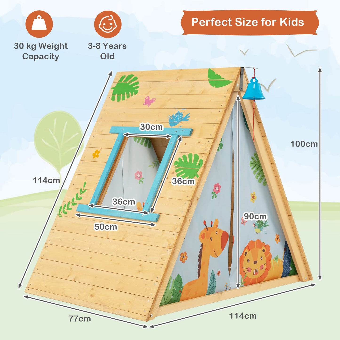 GYMAX Kids Wooden Playhouse, 2 in 1 Play Tent with Rock Climbing Wall, Ring Bell & Door