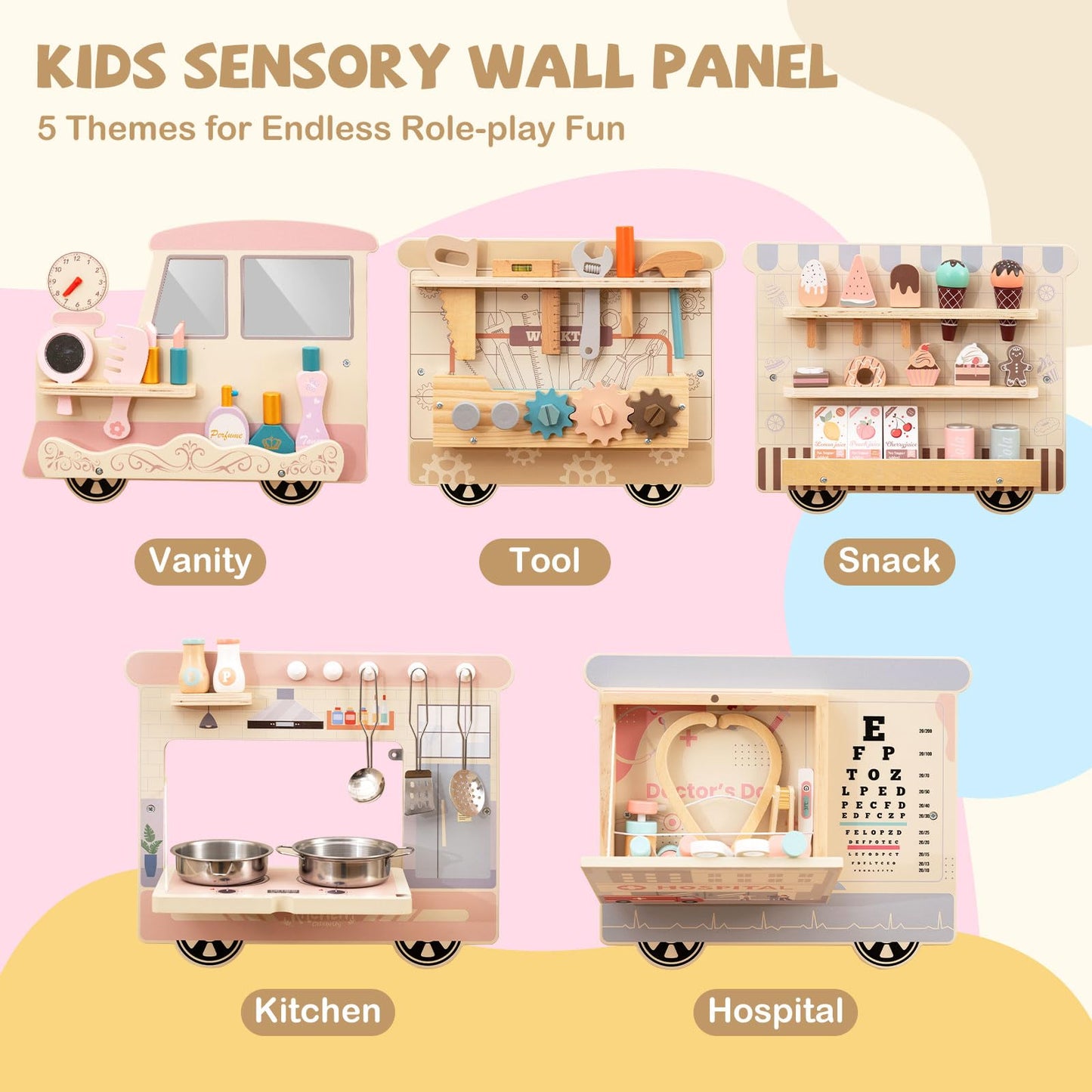 COSTWAY Train Activity Wall Busy Board, Wooden Sensory Wall Panel with Vanity, Tool Box, Play Kitchen, Doctor Kit & Snack Bar, Toddler Montessori Learning Toy for Playroom, Daycare, Nursery