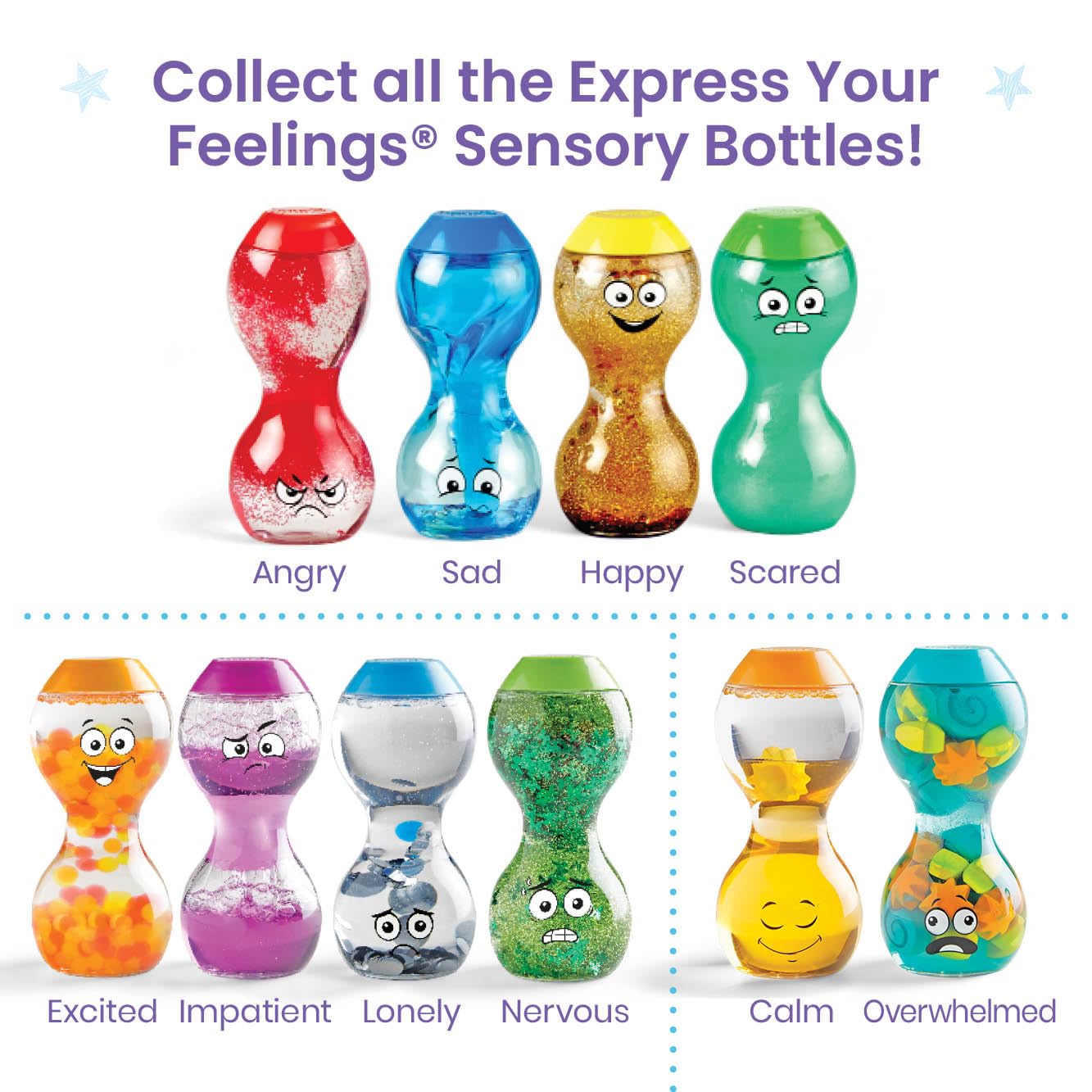 Learning Resources Express Your Feelings Sensory Bottles, Ages 3+, Emotional Learning Toys, Calm Down Bottles for Kids, Overwhelmed & Calm
