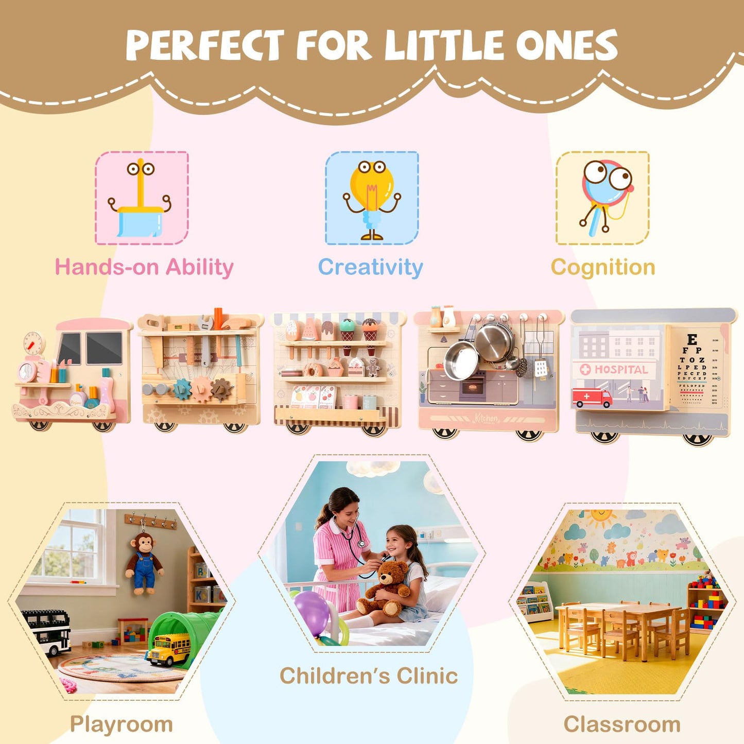COSTWAY Train Activity Wall Busy Board, Wooden Sensory Wall Panel with Vanity, Tool Box, Play Kitchen, Doctor Kit & Snack Bar, Toddler Montessori Learning Toy for Playroom, Daycare, Nursery
