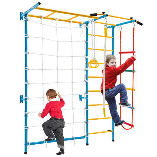 GYMAX Swedish Ladder Wall Set, Gymnastics Wall Bar with Pull-Up Bar, Rope Ladder