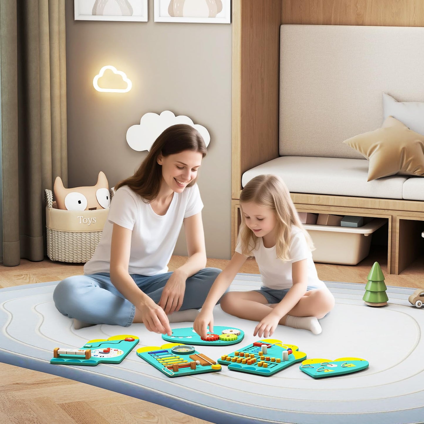 COSTWAY Activity Wall Busy Board Panels, 11 in 1 Wooden Sensory Wall Toy, Toddler Learning Activity Center for Education & Early Development (Green Dinosaur)