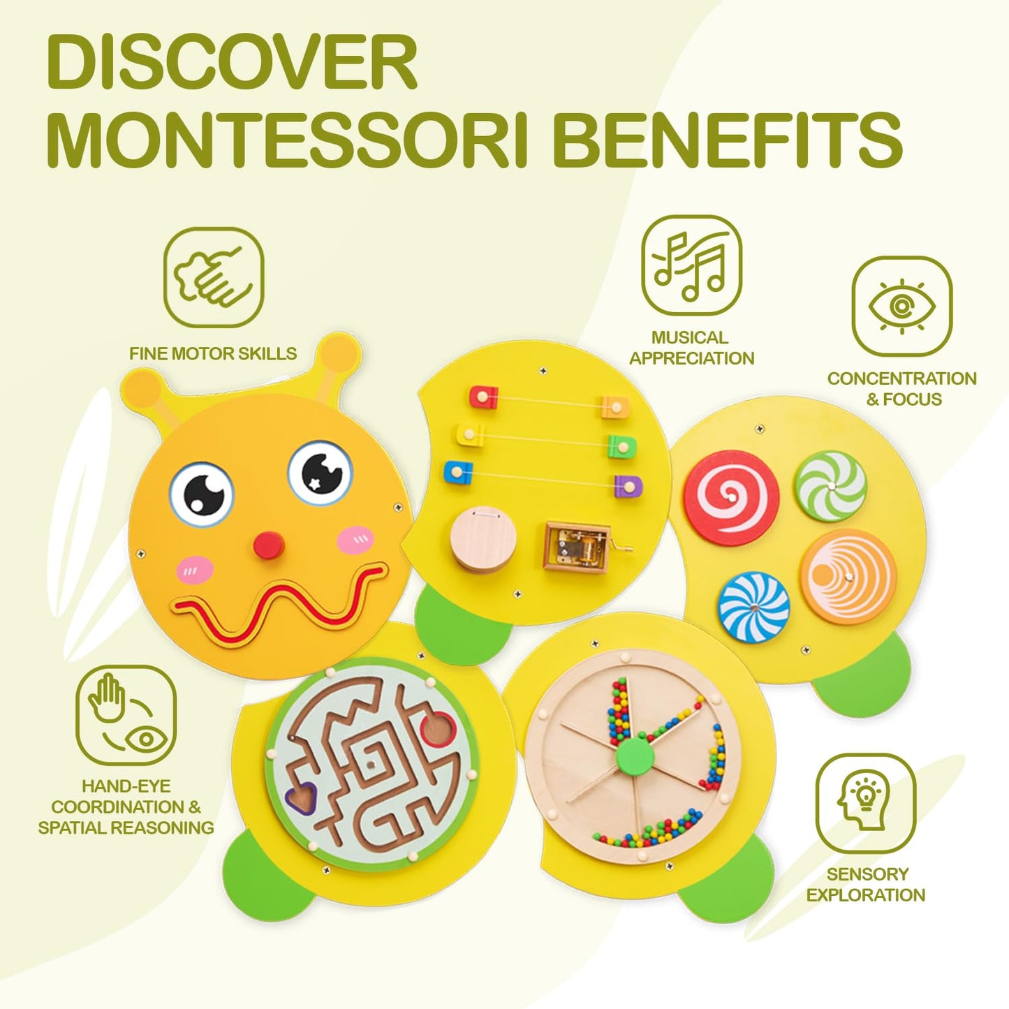 Monläurd® Caterpillar Montessori Busy Board, Sensory Board, Activity Cube, Wall Toys, Daycare Furniture, Playroom Furniture, Wooden Toys, Boys and Girls 6 M+