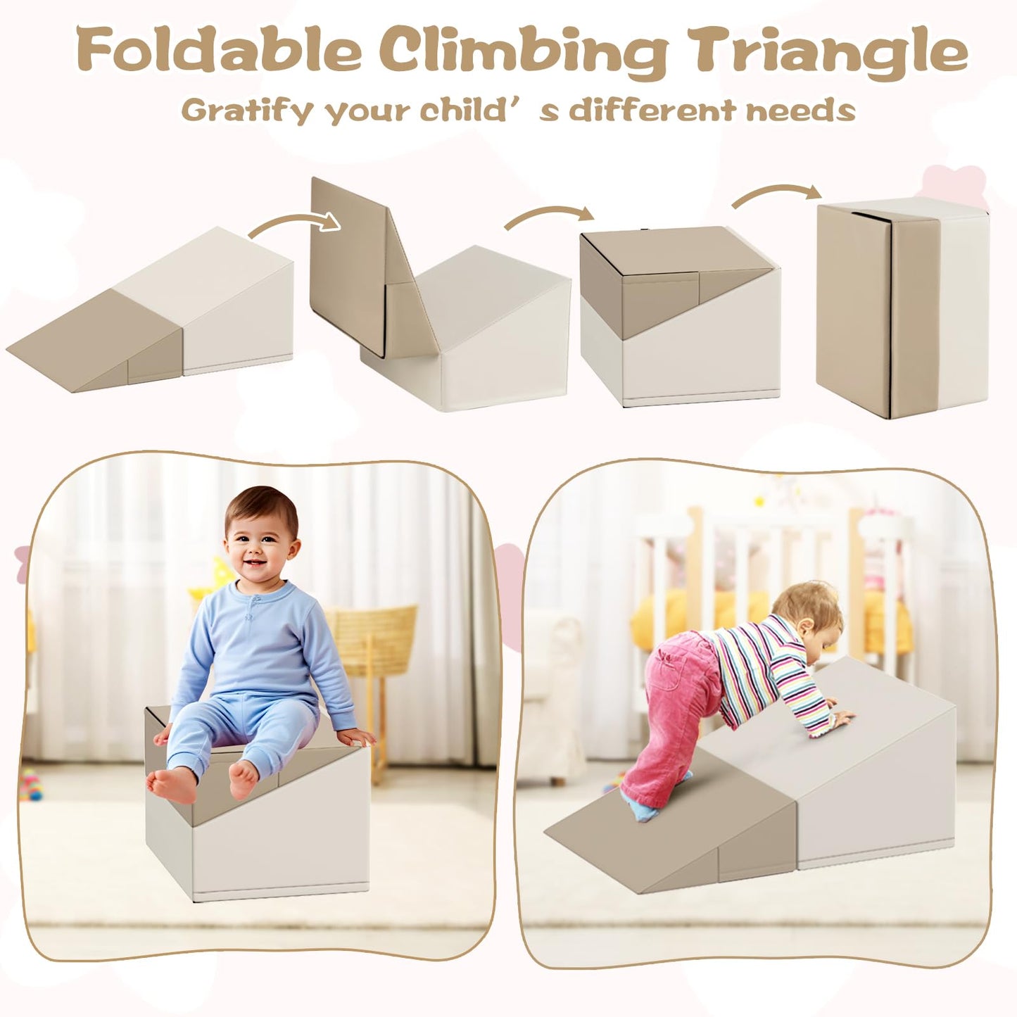 COSTWAY Kids Soft Play Set, 7-Piece Toddler Foam Climbing Blocks with Waterproof PU Leather, Indoor Baby Climb and Crawl Activity Playset for Sensory Motor Skills (Grey+Beige)