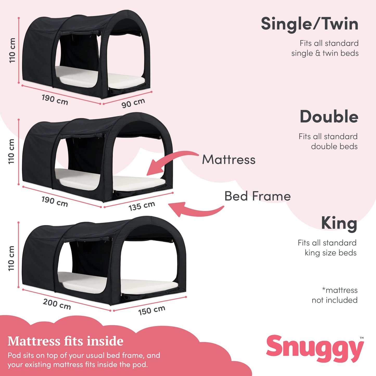 Snuggy Pod Bed Canopy - Blackout (Single) | Sensory-Friendly Enclosed Pop-Up Bed Tent for Kids & Adults | Indoor Sleep Pod for Privacy & Light Control | Lightweight, Breathable & Foldable Design