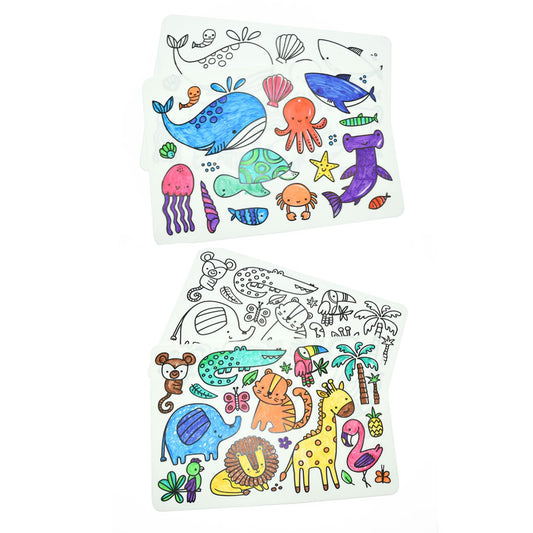 Sensory Junction Silicone Washable Colouring Placemats for Kids| 2-PACK| Includes 2 Sets of Colourful Pens Wipe Clean Reusable Eco-Friendly Colouring Pad (OCEAN MAT & JUNGLE MAT)