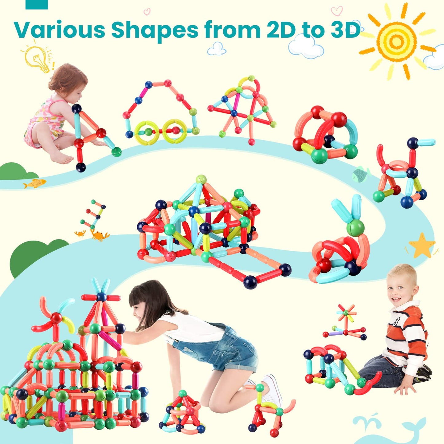 BAKAM Magnetic Building Blocks for Kids Ages 4-8, STEM Construction Toys for Boys and Girls