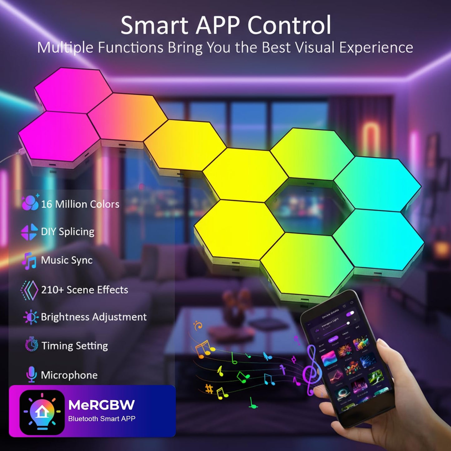Kangtaixin Hexagon LED Lights – 8 Pack Hex Wall Light RGB Gaming Panels, Hexagonal Smart Light Sync to Music for Room Decor, Bar, Gaming Setup, Bedroom Wall