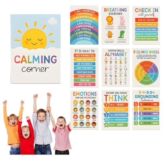 Ryfpdml 12PCS Calming Corner Classroom Posters, Feelings Wheel Chart Emotions Poster For Kids, Calm Down Corner Supplies for Preschool Home School Office Outdoor Indoor (A)