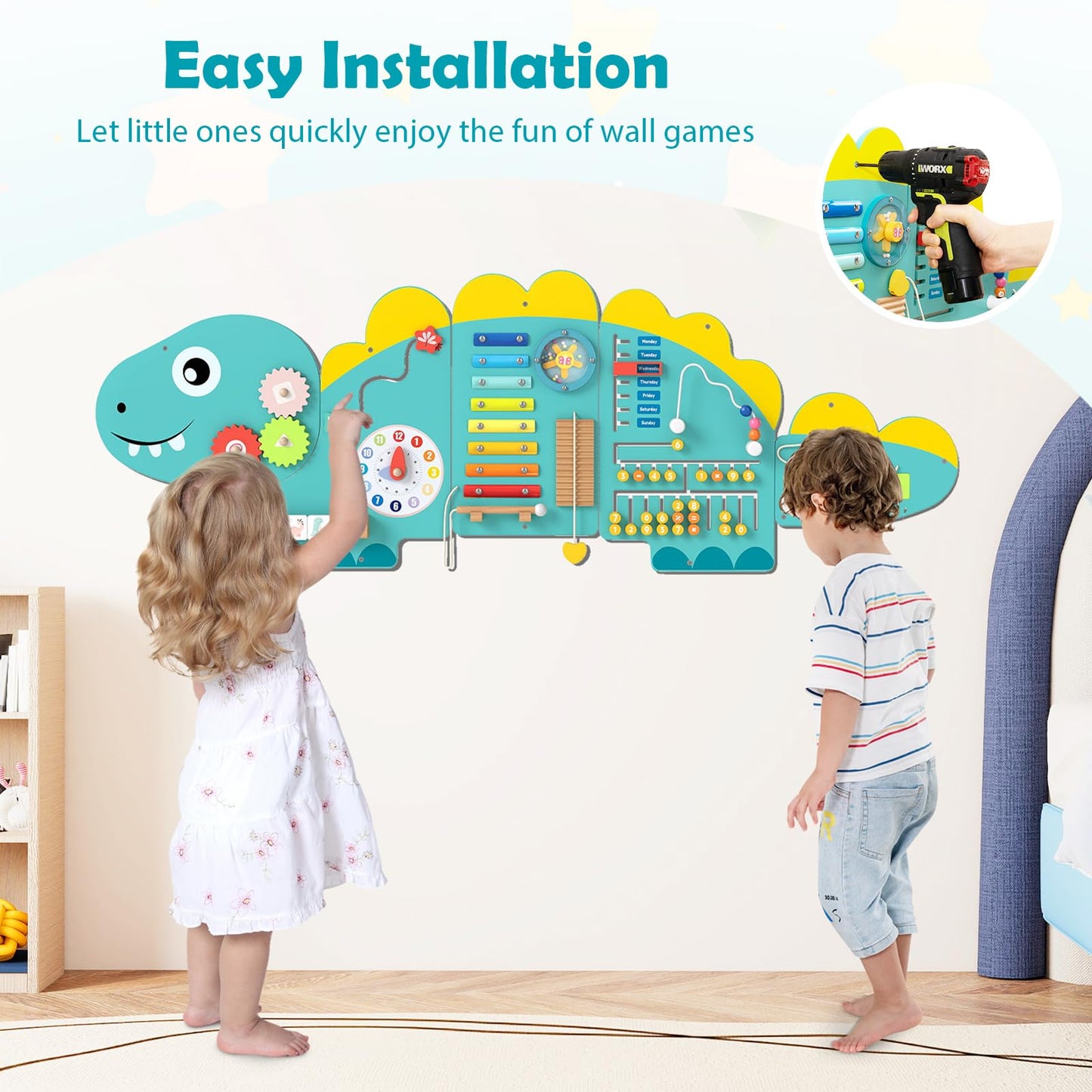 COSTWAY Activity Wall Busy Board Panels, 11 in 1 Wooden Sensory Wall Toy, Toddler Learning Activity Center for Education & Early Development (Green Dinosaur)