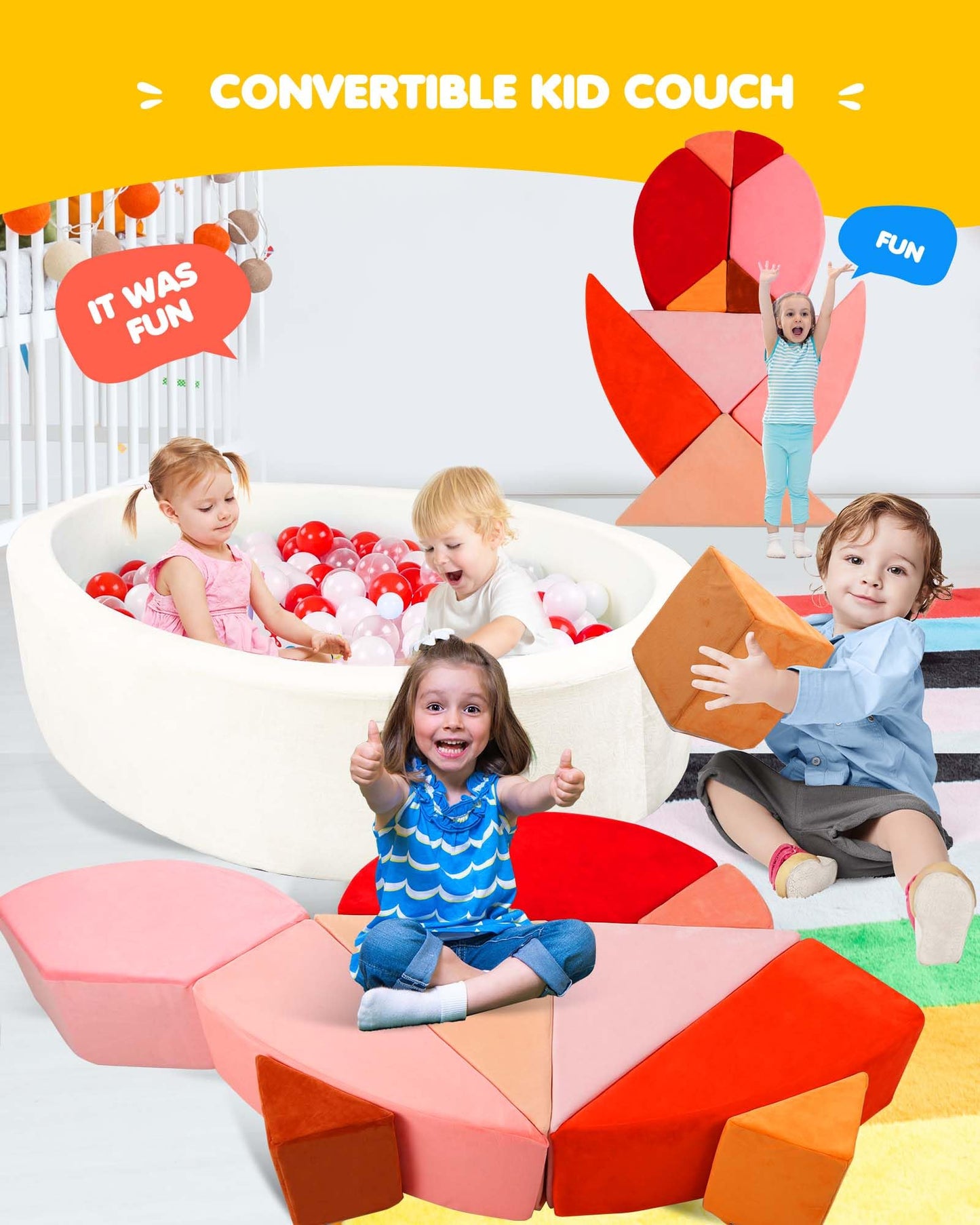 Heypappy Kids Play Couch, 2-in-1 Egg-Shape Kid Play Sofa with Unique Ball Pit(no Balls Included), Tangram Puzzle Plays Couch for Playroom, Modular Play Couchs for Inspiring Creativity, Glow