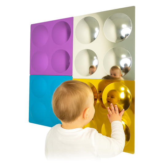 MagicMeadow Bubble Convex Mirror Panels | Sensory Wall Toy for Kids | Visual Stimulation & Interactive Play | Autism Sensory Equipment | Blue, Silver, Gold & Purple | 33cm x 33cm | Pack of 4