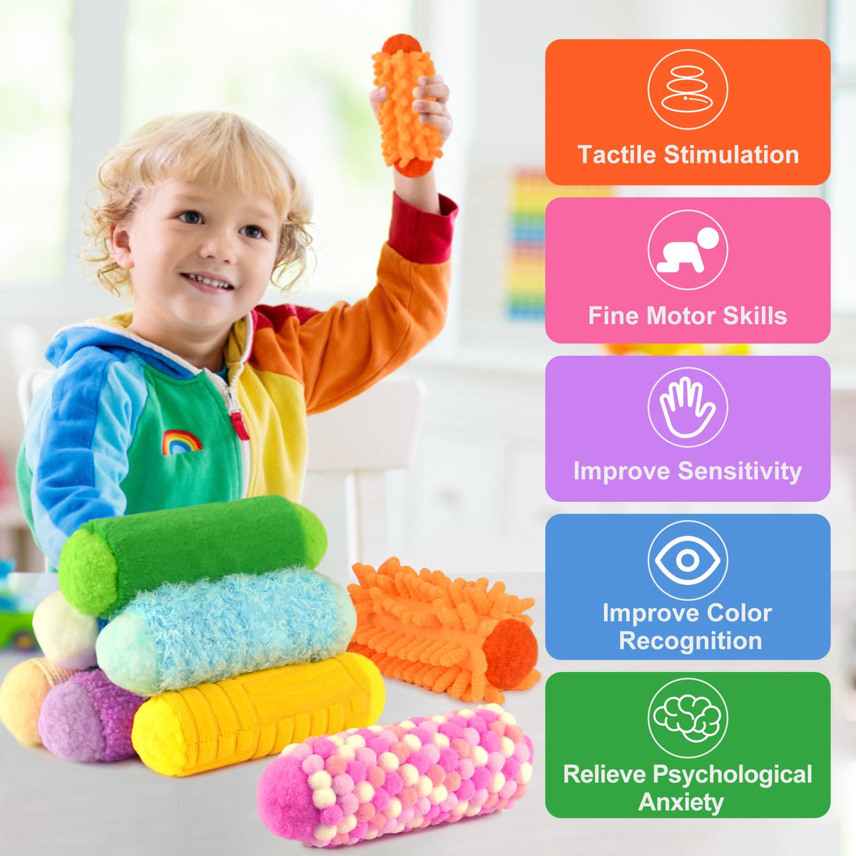 Bouiexye 8 PCS Sensory Toys Assorted Textured Early Sensory Exercise Sensory Bar Toys For Kids Baby Classroom Preschoolers Kindergarten Autism Educational Toys