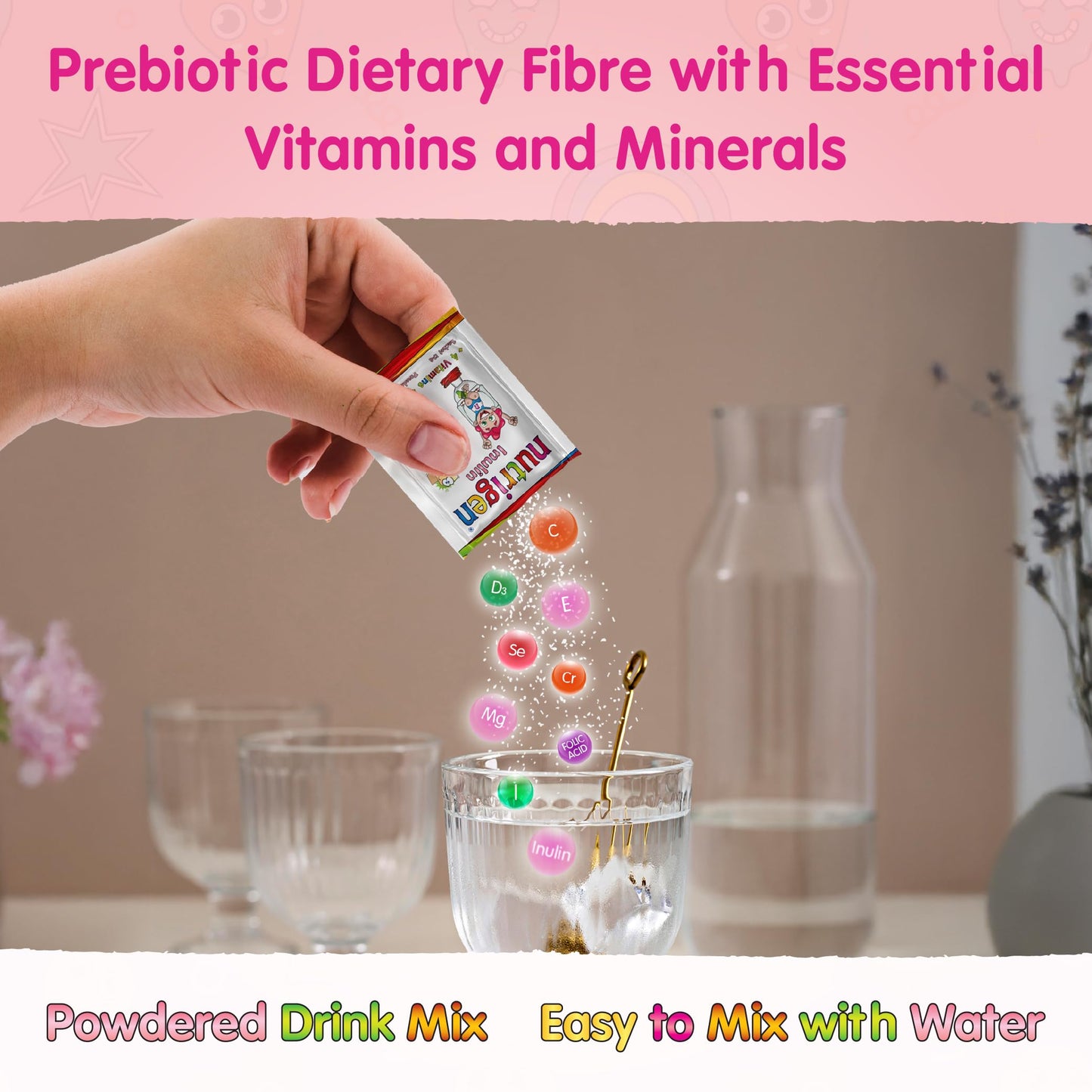 Nutrigen Inulin Prebiotic Fiber with Vitamins C, D, E, Folic Acid, Iodine, Magnesium, Selenium & Chromium • Gut Health • Bowel Regularity • Convenient Drink Mix • 10 Sachets