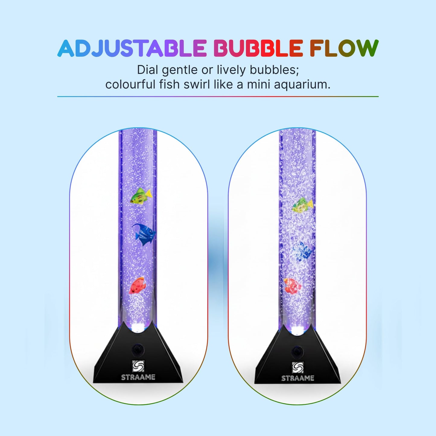 Straame 90cm Bubble Fish Lamp, Colour Changing LED Light, Sensory Room Decor & Mood Lamp, Includes Artificial Tropical Fish, Adjustable Bubble Tube, Plug-in Power, Black Base
