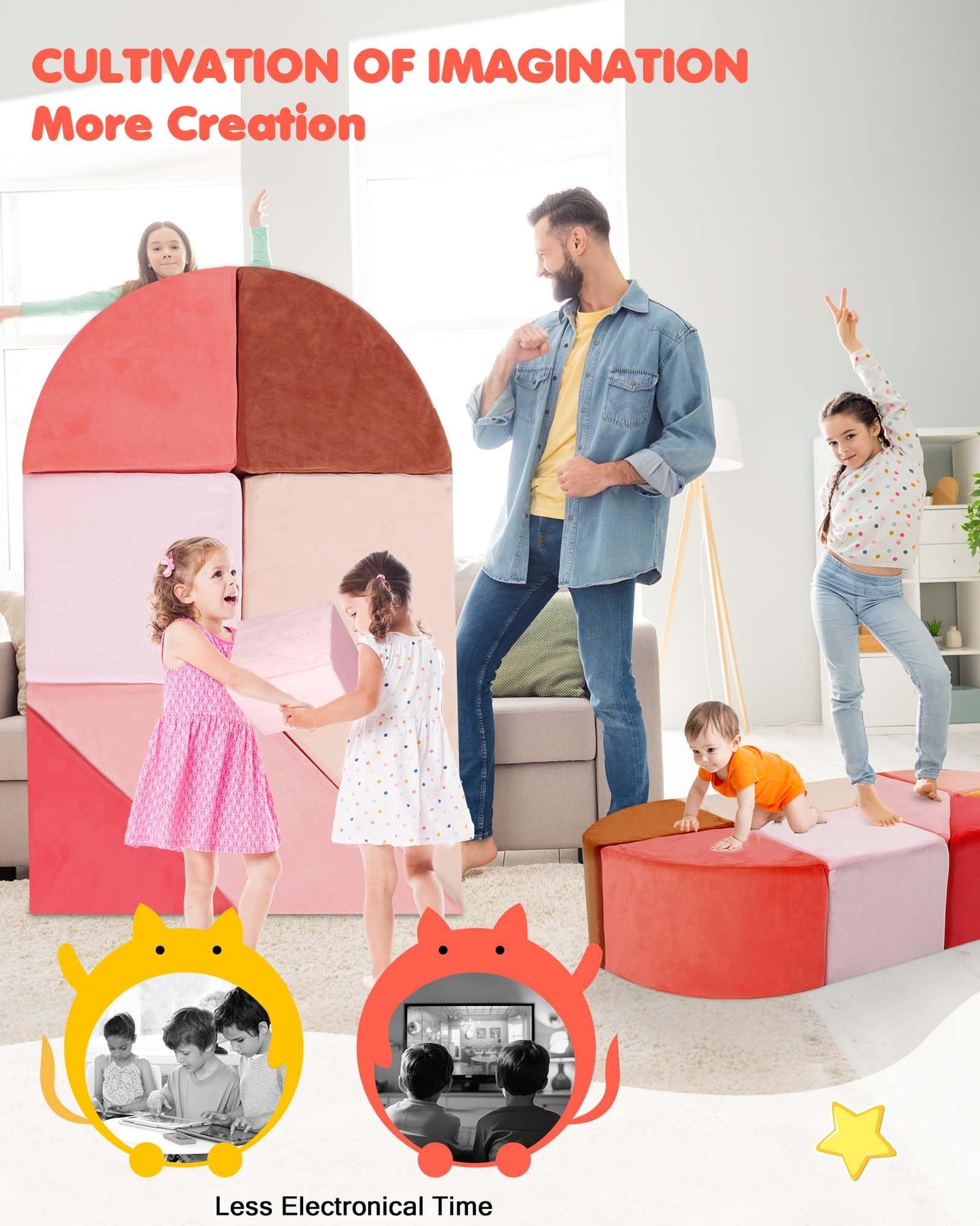 Kids Play Couch, 2-in-1 Heart-Shape Kids Plays Sofa with Unique Ball Pit(no Balls Included), Tangram Puzzle Play Couch for Playroom, Modular Play Sofa for Inspiring Creativity, Glow