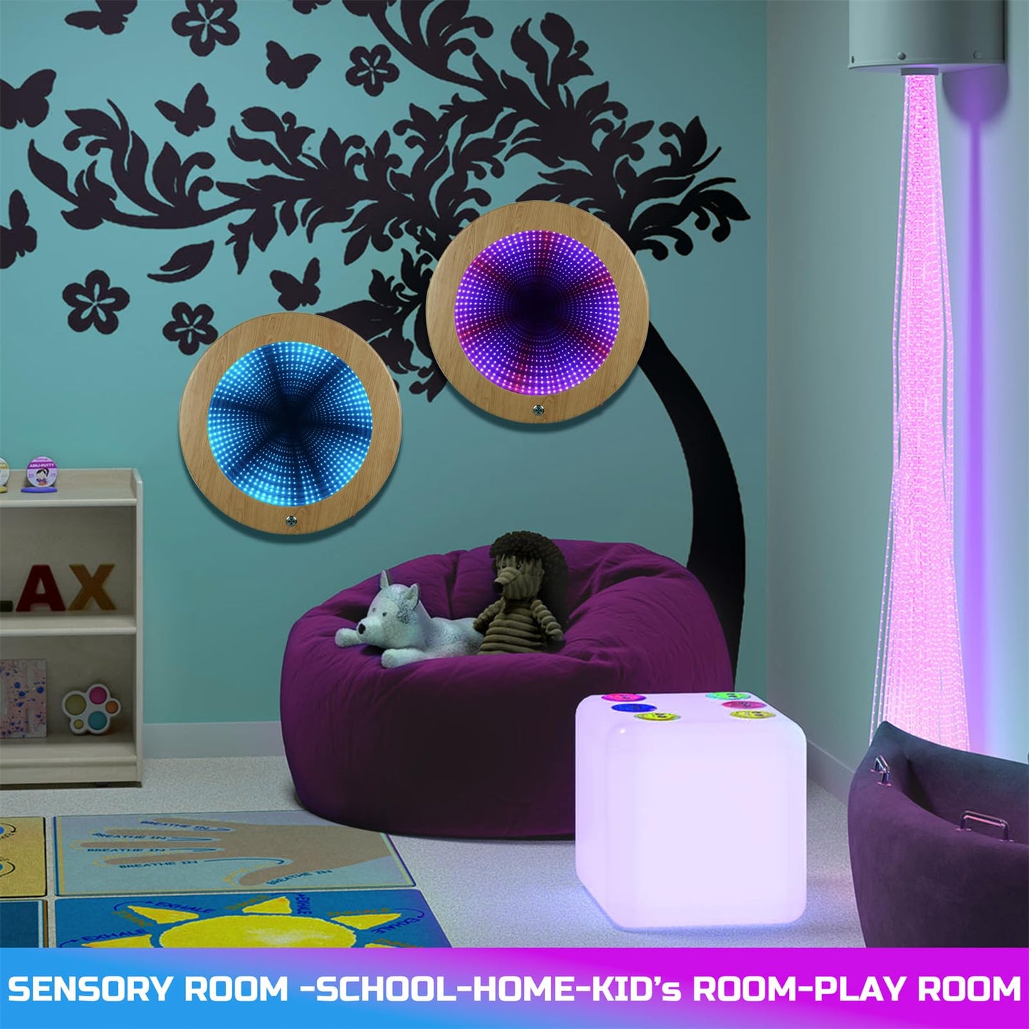 Tenmind Circle Infinity Mirror Sensory - Wall-Mountable & Floor-Standing - Ideal for Sensory Rooms & Kids Support - Features Multiple Light Changes & Smooth Wood Grain Finish