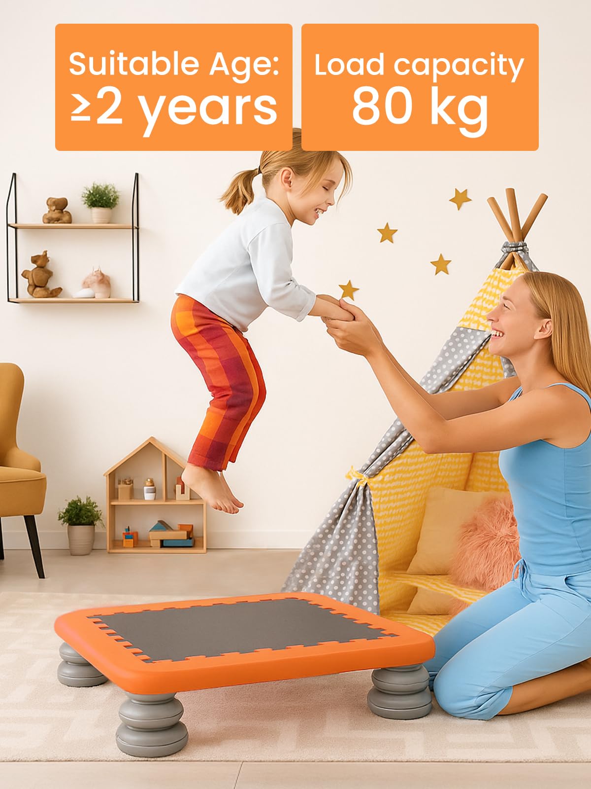 GROWNEER Mini Indoor Trampoline for Kids – Autism-Friendly Sensory Toy with PU Foam Padding – Safe & Durable Jump Board for Toddlers – 80KG Weight Capacity – Easy to Clean & Assemble (Orange)