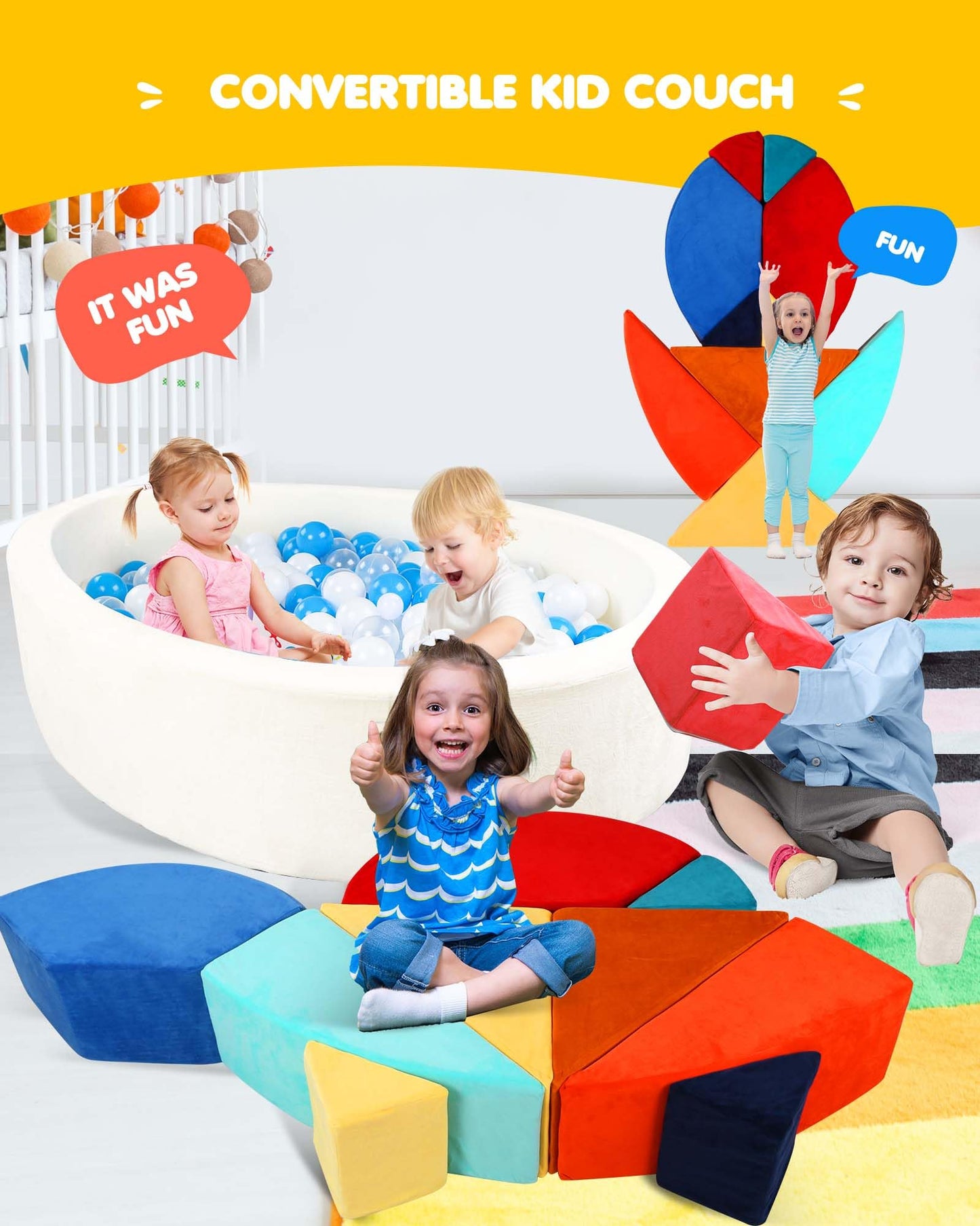 Heypappy Kids Play Couch, 2-in-1 Egg-Shape Kid Play Sofa with Unique Ball Pit(no Balls Included), Tangram Puzzle Plays Couch for Playroom, Modular Play Couchs for Inspiring Creativity, Samba