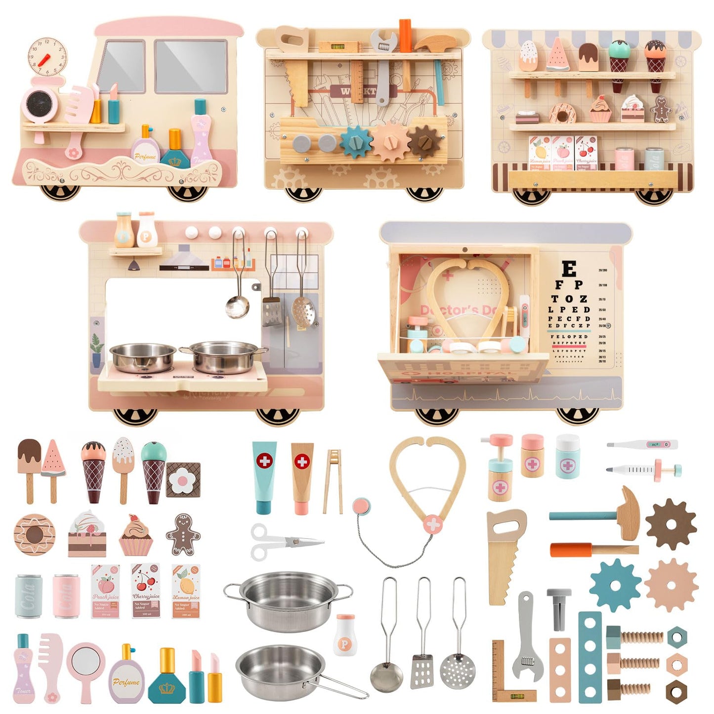 COSTWAY Train Activity Wall Busy Board, Wooden Sensory Wall Panel with Vanity, Tool Box, Play Kitchen, Doctor Kit & Snack Bar, Toddler Montessori Learning Toy for Playroom, Daycare, Nursery