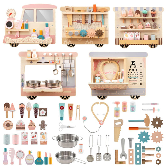 COSTWAY Train Activity Wall Busy Board, Wooden Sensory Wall Panel with Vanity, Tool Box, Play Kitchen, Doctor Kit & Snack Bar, Toddler Montessori Learning Toy for Playroom, Daycare, Nursery