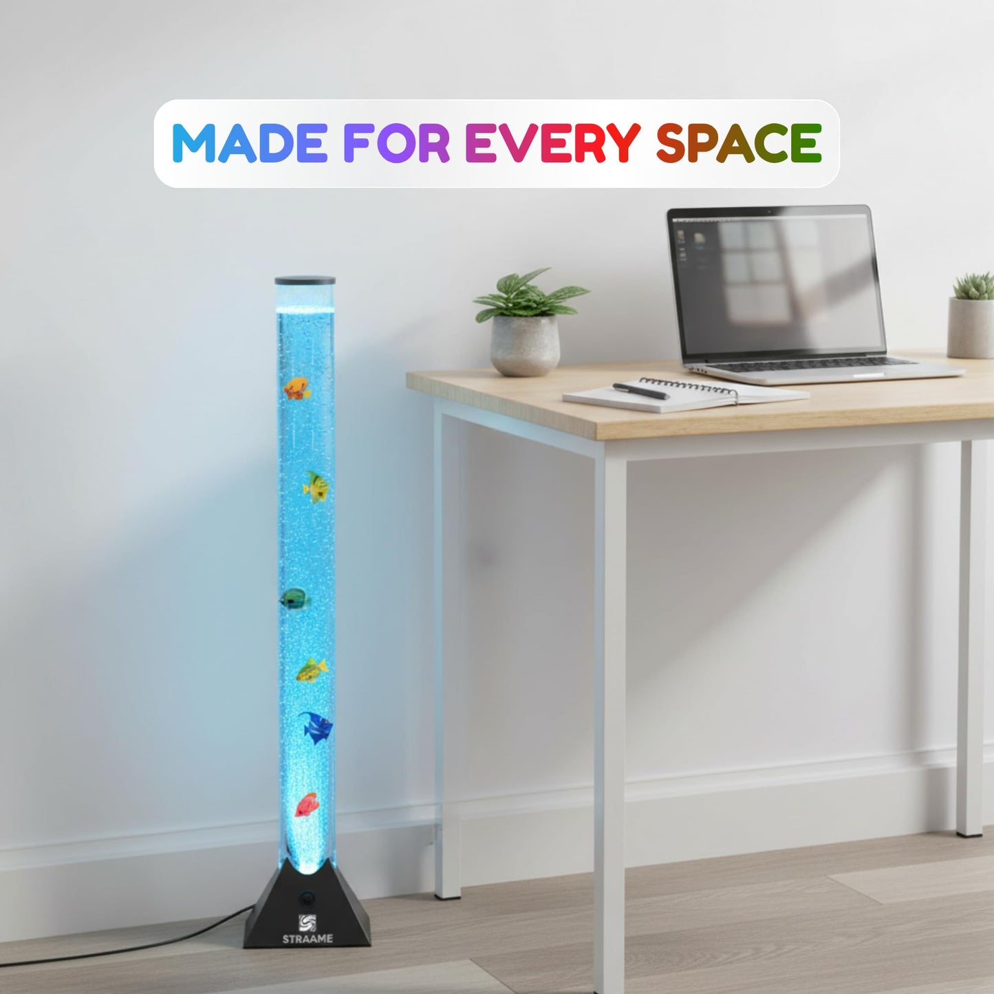 Straame 90cm Bubble Fish Lamp, Colour Changing LED Light, Sensory Room Decor & Mood Lamp, Includes Artificial Tropical Fish, Adjustable Bubble Tube, Plug-in Power, Black Base