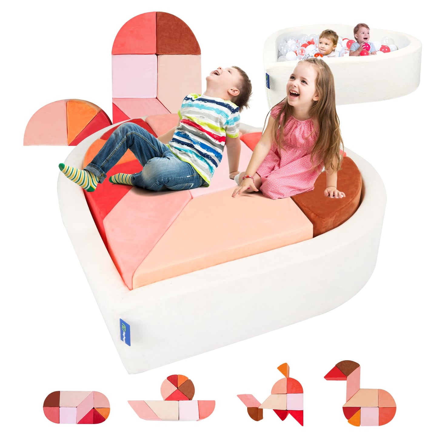Kids Play Couch, 2-in-1 Heart-Shape Kids Plays Sofa with Unique Ball Pit(no Balls Included), Tangram Puzzle Play Couch for Playroom, Modular Play Sofa for Inspiring Creativity, Glow