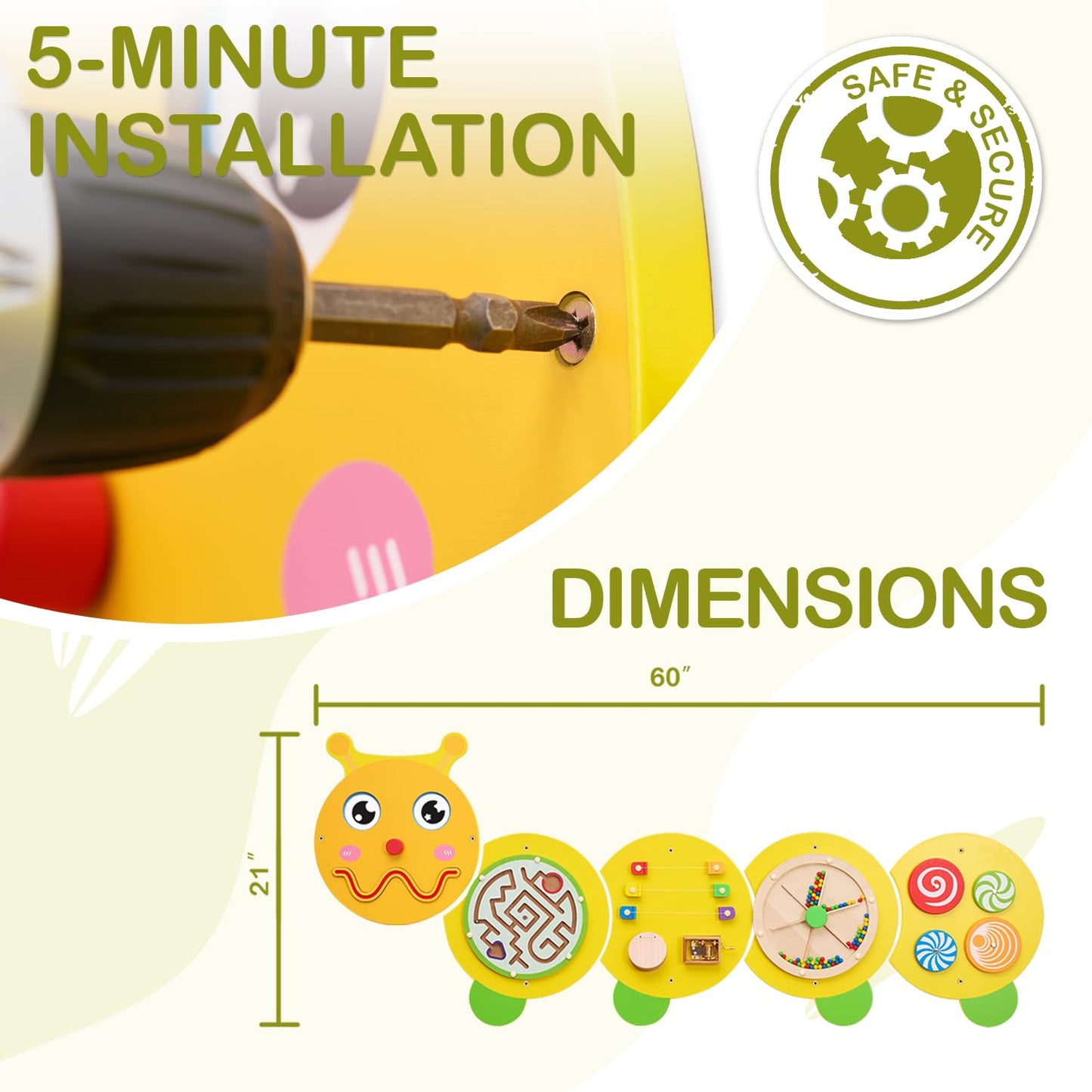 Monläurd® Caterpillar Montessori Busy Board, Sensory Board, Activity Cube, Wall Toys, Daycare Furniture, Playroom Furniture, Wooden Toys, Boys and Girls 6 M+
