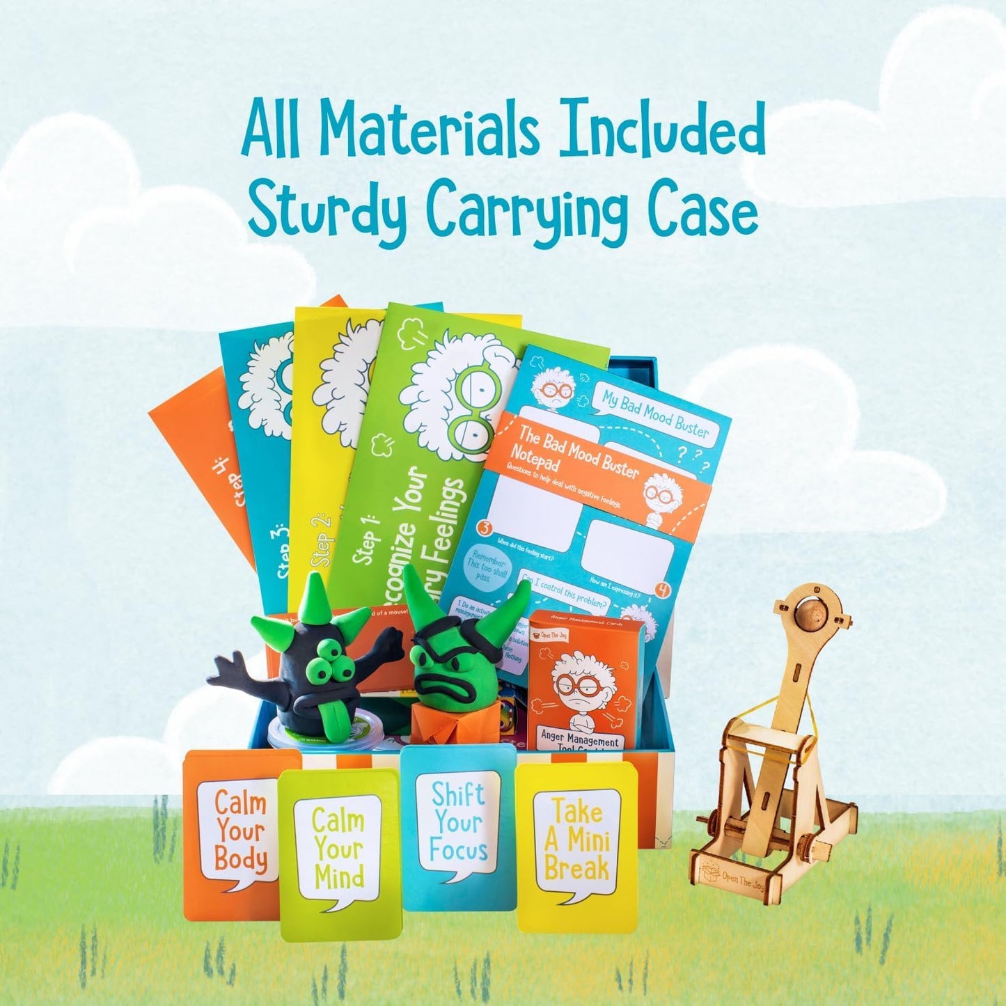 Colourful Anger Management Box for Kids - Educational Toys with Flashcards, DIY Wooden Catapult, Air Dry Putty, Origami Paper, Bad Mood Buster Notepad - Anger Management Toys for Ages 4+