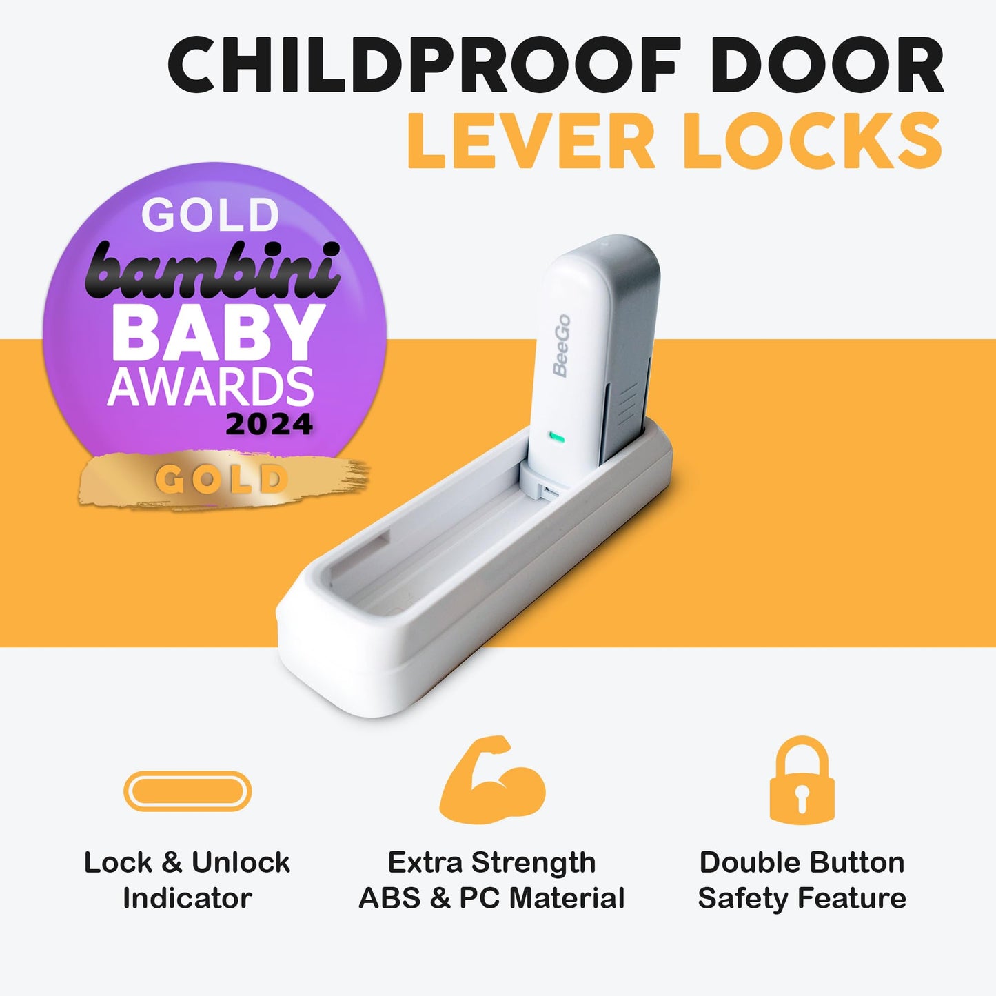 BeeGo Door Lever Locks (2 Pack) – Stick On Door Lock Without Drilling | Door Security with 3M VHB Adhesive for Home, Bedroom, Kitchen & Hotel Travel Safety