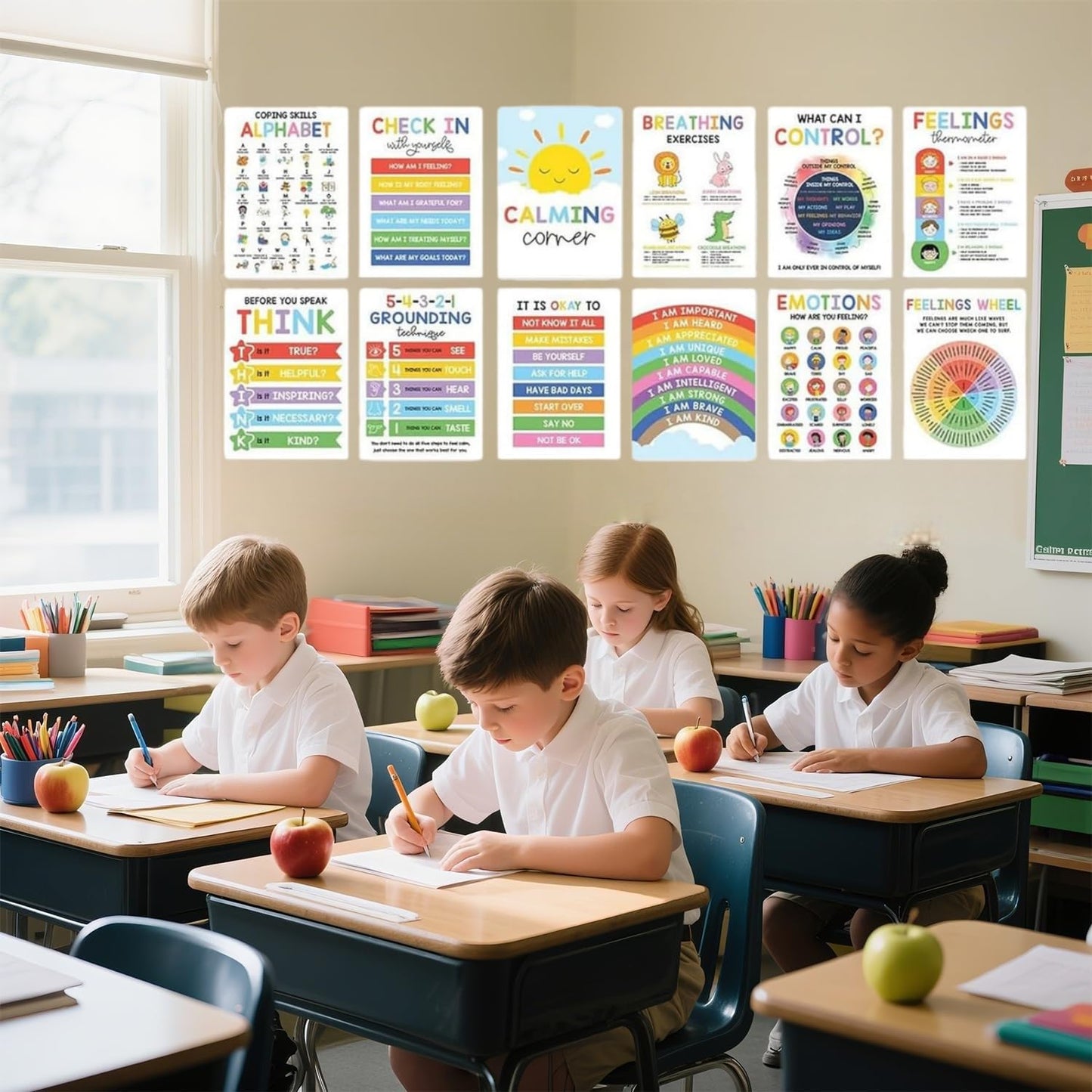 Ryfpdml 12PCS Calming Corner Classroom Posters, Feelings Wheel Chart Emotions Poster For Kids, Calm Down Corner Supplies for Preschool Home School Office Outdoor Indoor (A)