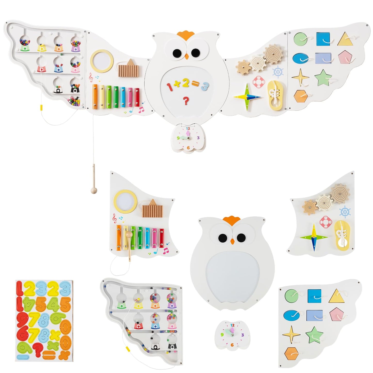 COSTWAY Activity Wall Busy Board Panels, 11 in 1 Wooden Sensory Wall Toy, Toddler Learning Activity Center for Education & Early Development (White Owl)