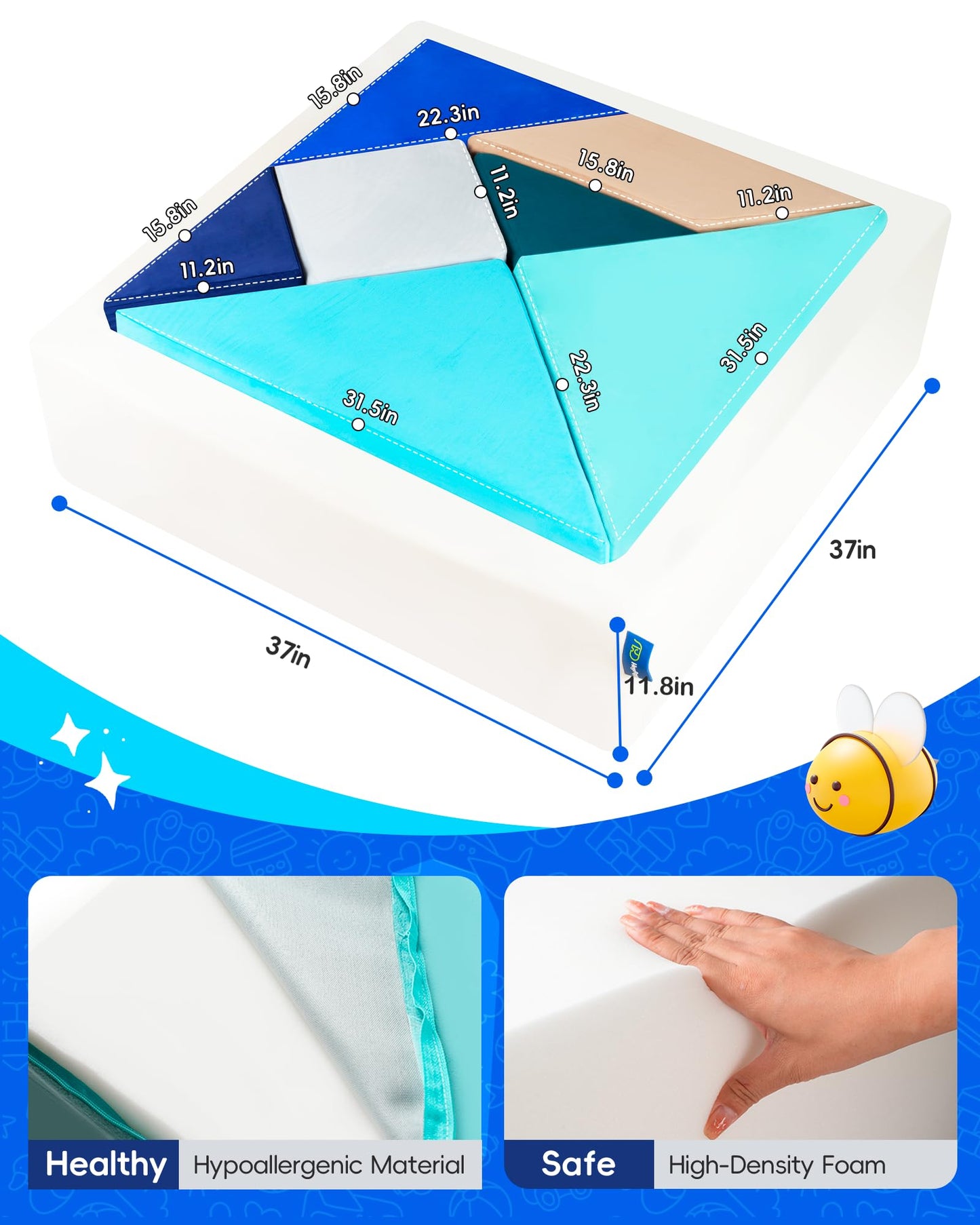 Heypappy Kids Play Sofa, Tangram Square Puzzles Couch Furniture, Modular Kids Play Couchs Furniture, Puzzle Solving Couchs Building Fort for Playroom Bedroom Boys Girls Teens, Ocean