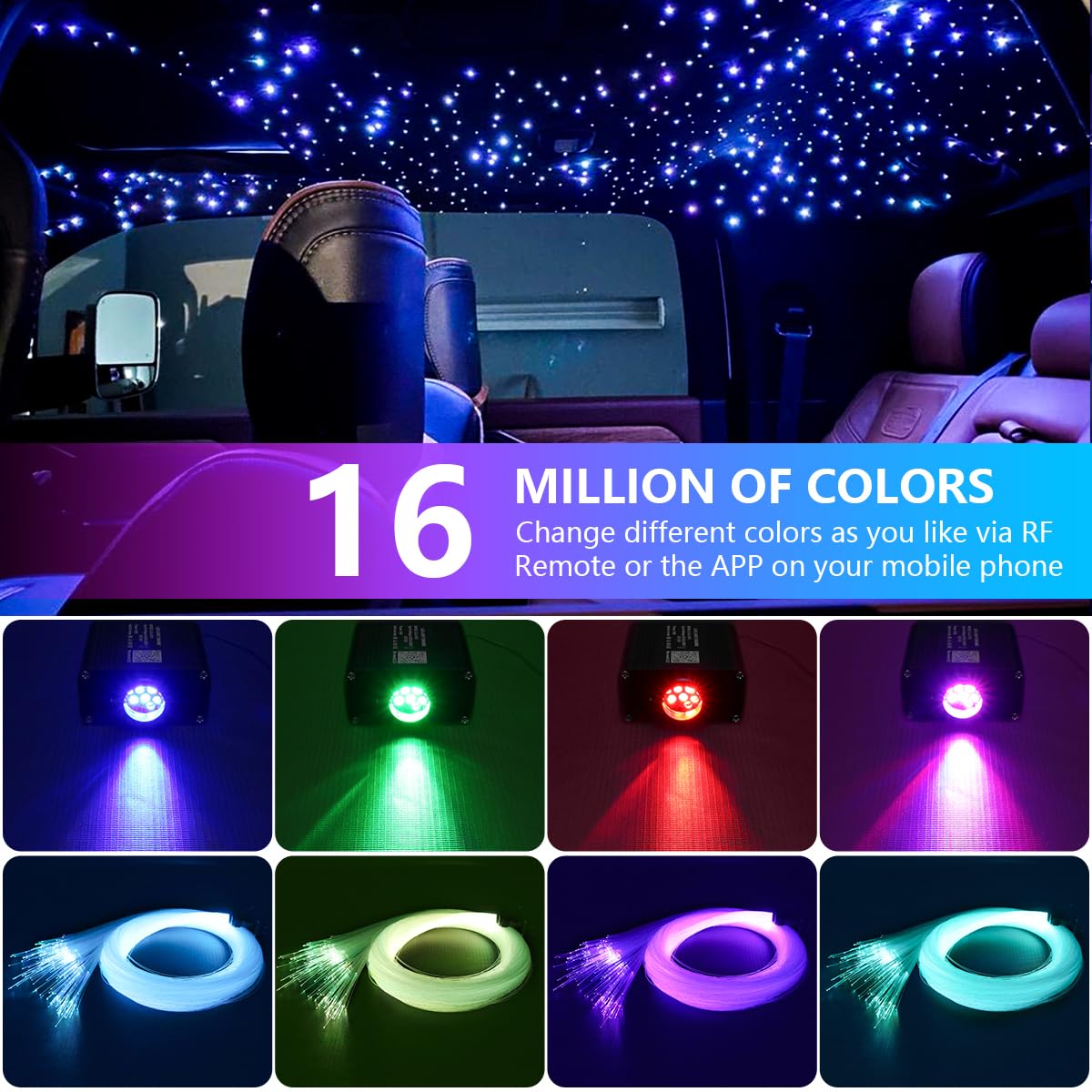 Callsky 16W Star Ceiling Light，Twinkle & Sound 300pcs*0.03in*9.8ft Fiber Optic Star Light Headlight Kits for Star Ceiling Sky Decoration, Music+APP+Remote Control Light Engine End Glow Fiber Strands