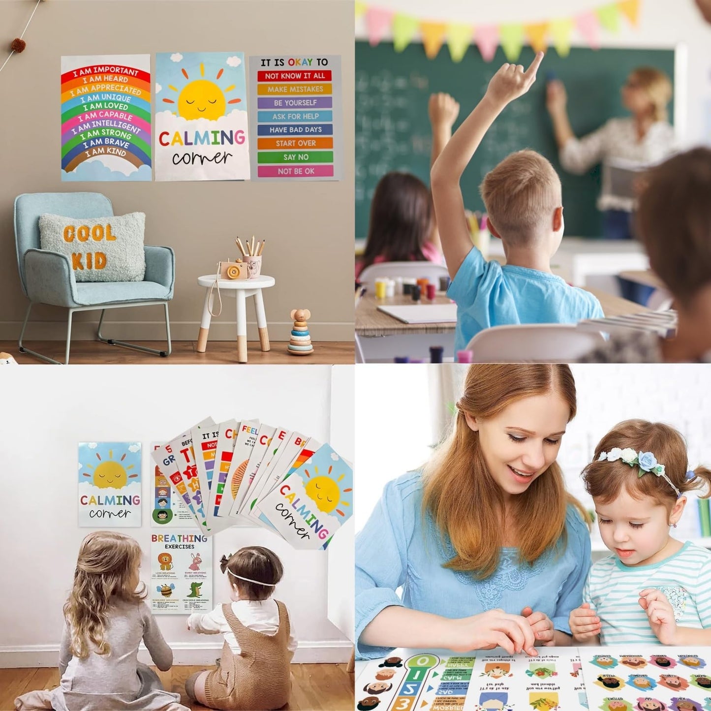 Ryfpdml 12PCS Calming Corner Classroom Posters, Feelings Wheel Chart Emotions Poster For Kids, Calm Down Corner Supplies for Preschool Home School Office Outdoor Indoor (A)