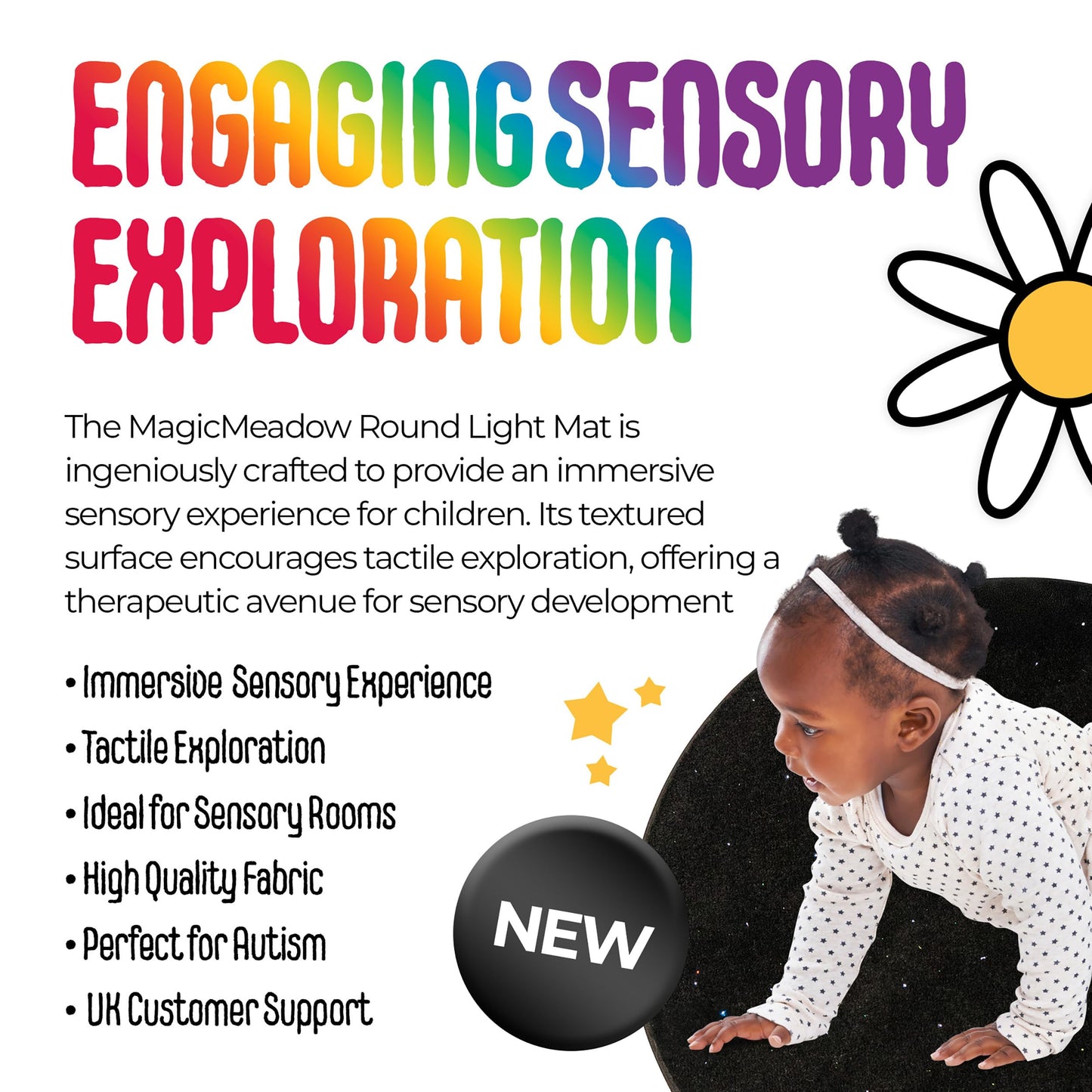 MagicMeadow Round Sensory Light Mat | Interactive Tactile Sensory Rug with Coloured Lighting for Kids | Educational Special Needs Resource Enriching Play & Exploration | Light Up Mat Autism Therapy