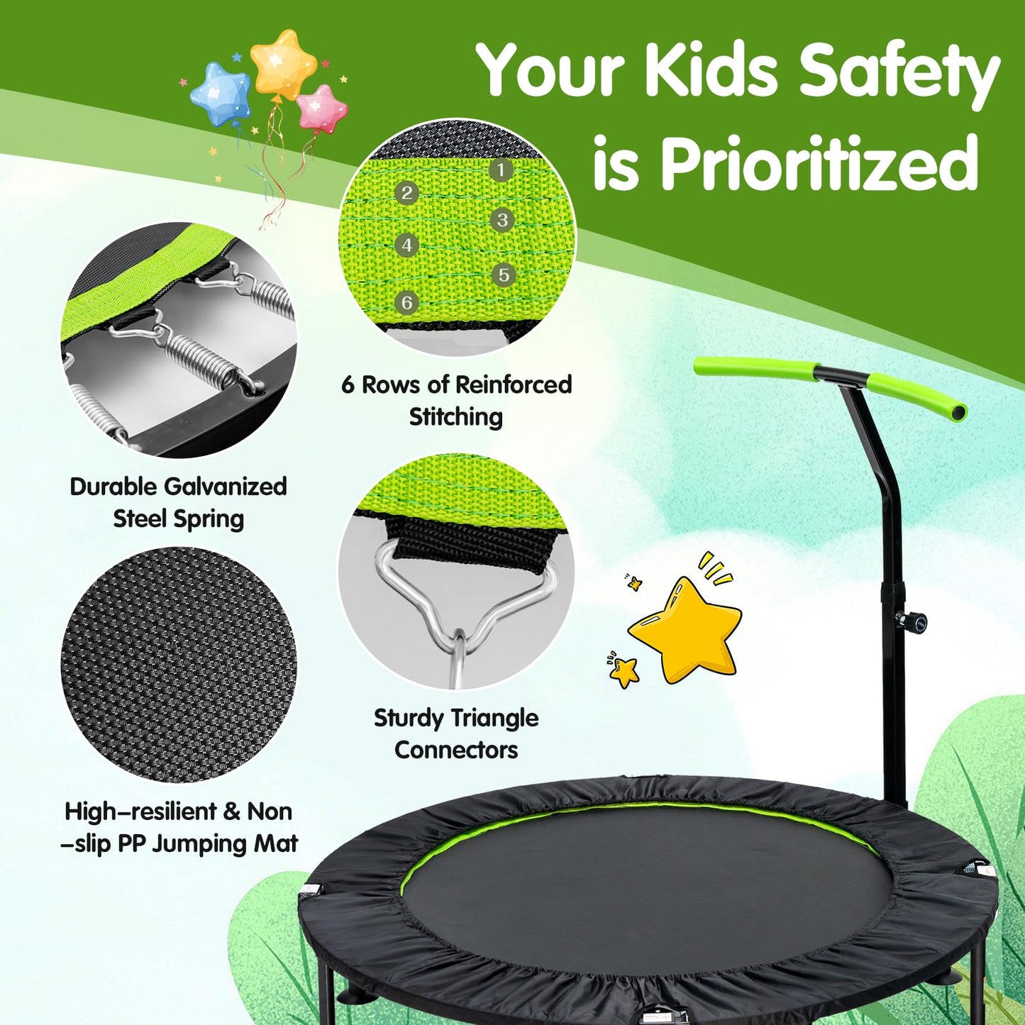 GYMAX 45'' Kids Trampoline, Foldable Fitness Rebounder with Adjustable T-Shaped Handrail and Anti-Slip Foot Pad