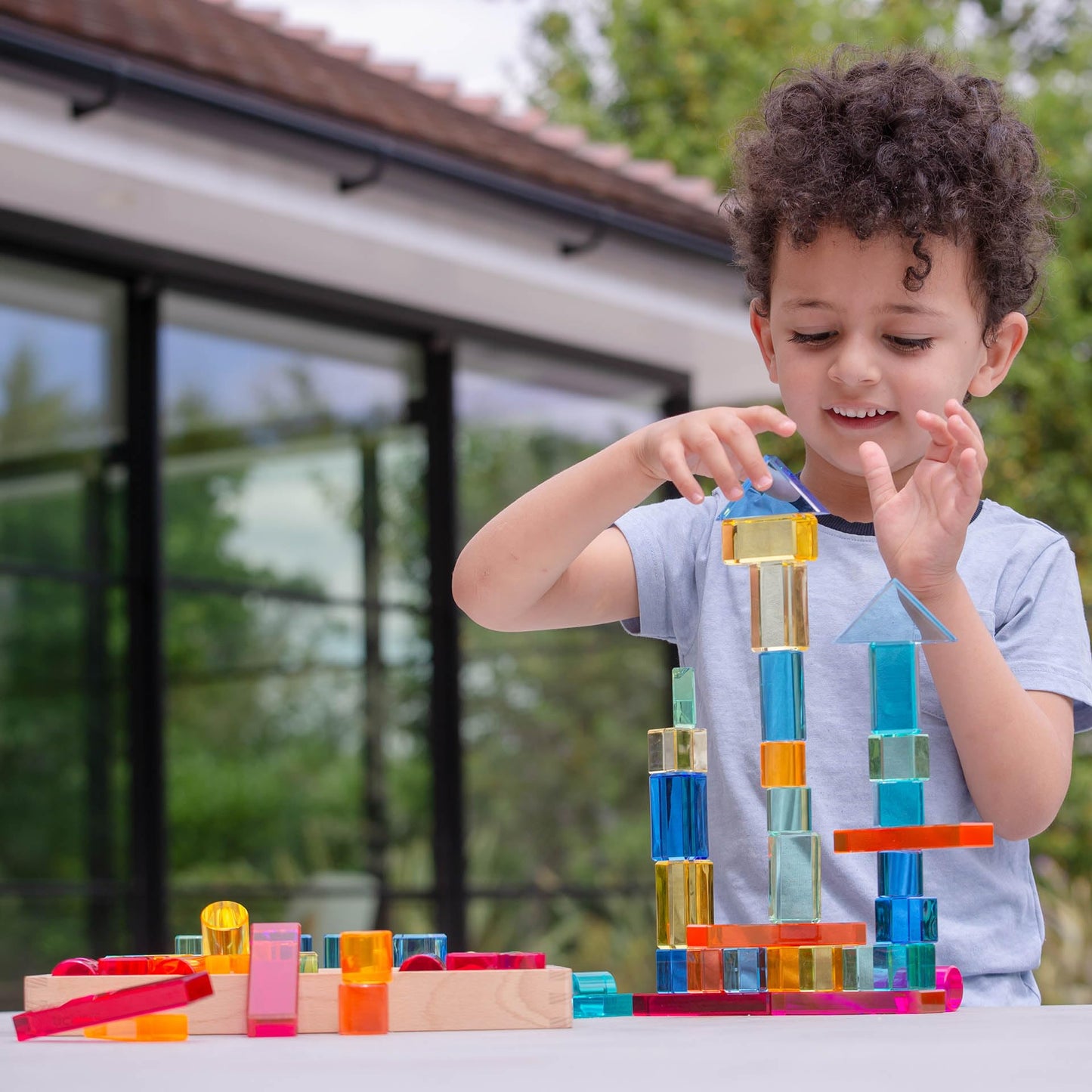 tickit Wooden Building Blocks & Crystal Gem Cubes Construction Set with Storage Tray – Mixed Shape Blocks for Stacking, Balance, Architecture, Small World & Creative Play