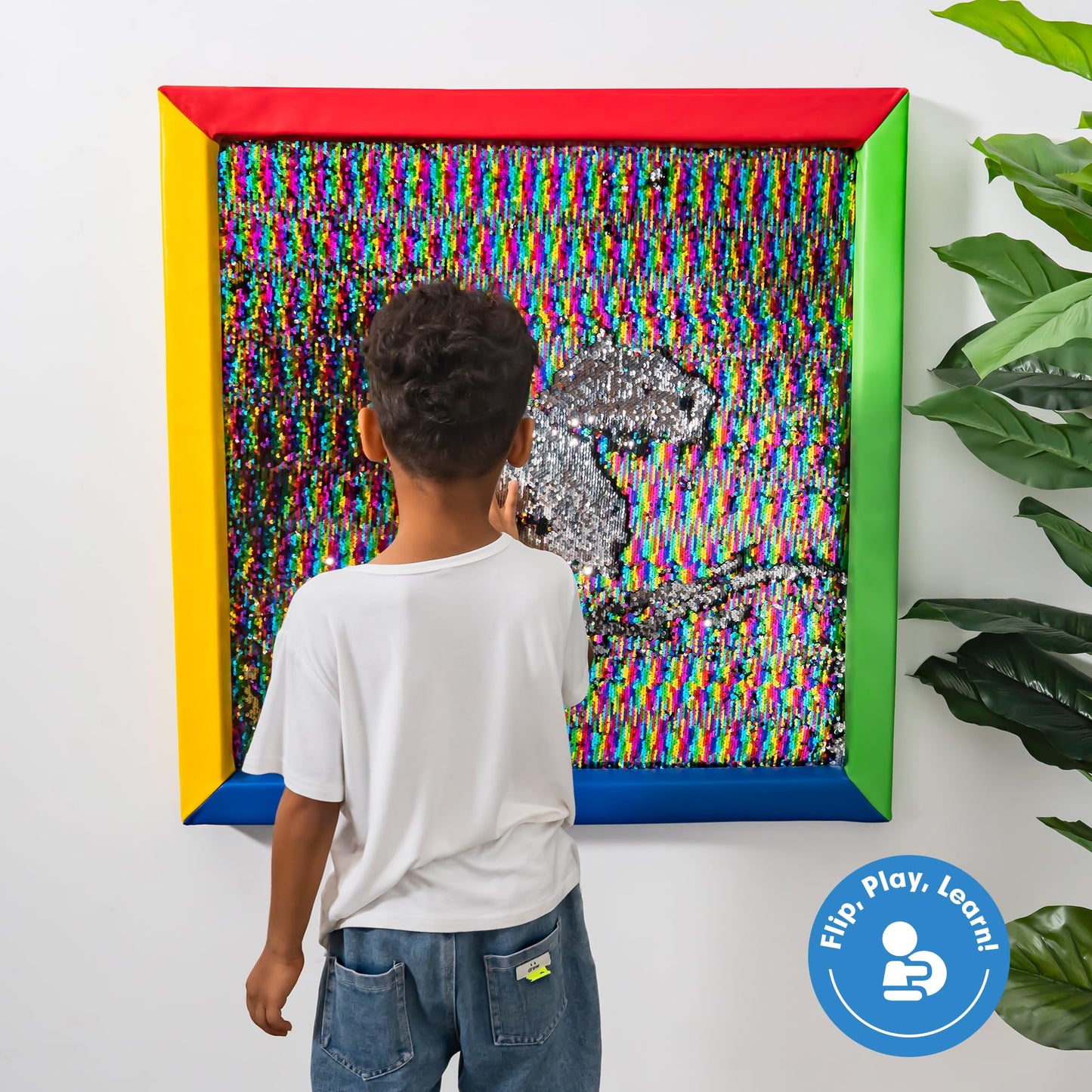 Midnight Rainbow Sequin Sensory Panel – 33"x33" Square Sided Reversible Sequin Touch Fabric Board with Soft Padded Frame – Stimulating Sensory Play for Kids, Therapy & Home Use (Rainbow Frame)