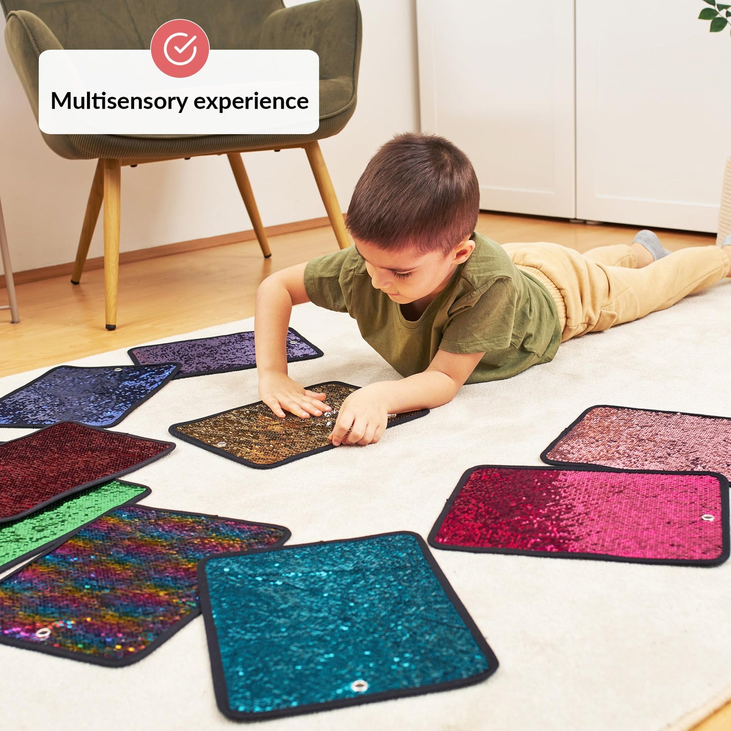 ODOXIA Sequin Fabric Mats | Sensory Wall | Reversible Flip Sequin Fabric | Sensory Tiles for Kids | 10-Pack Mats (Rectangle)